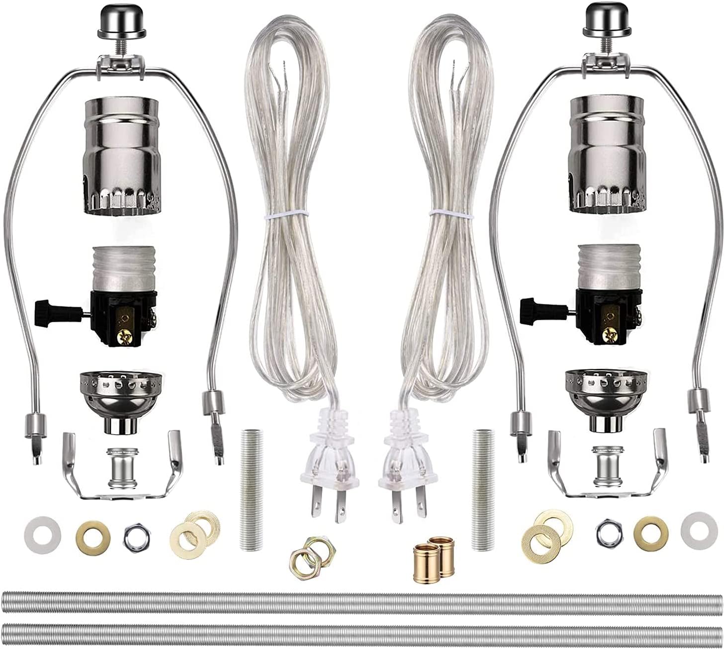 Canomo 2 Sets Table Lamp Kit Repair or DIY Lamp Kit with 8 Inch Harp, 2 Pieces 12" Lamp Pipe, 3-Way Socket and All Parts Needed and Instructions for DIY Lamp Design or Repair, Nickel Finish