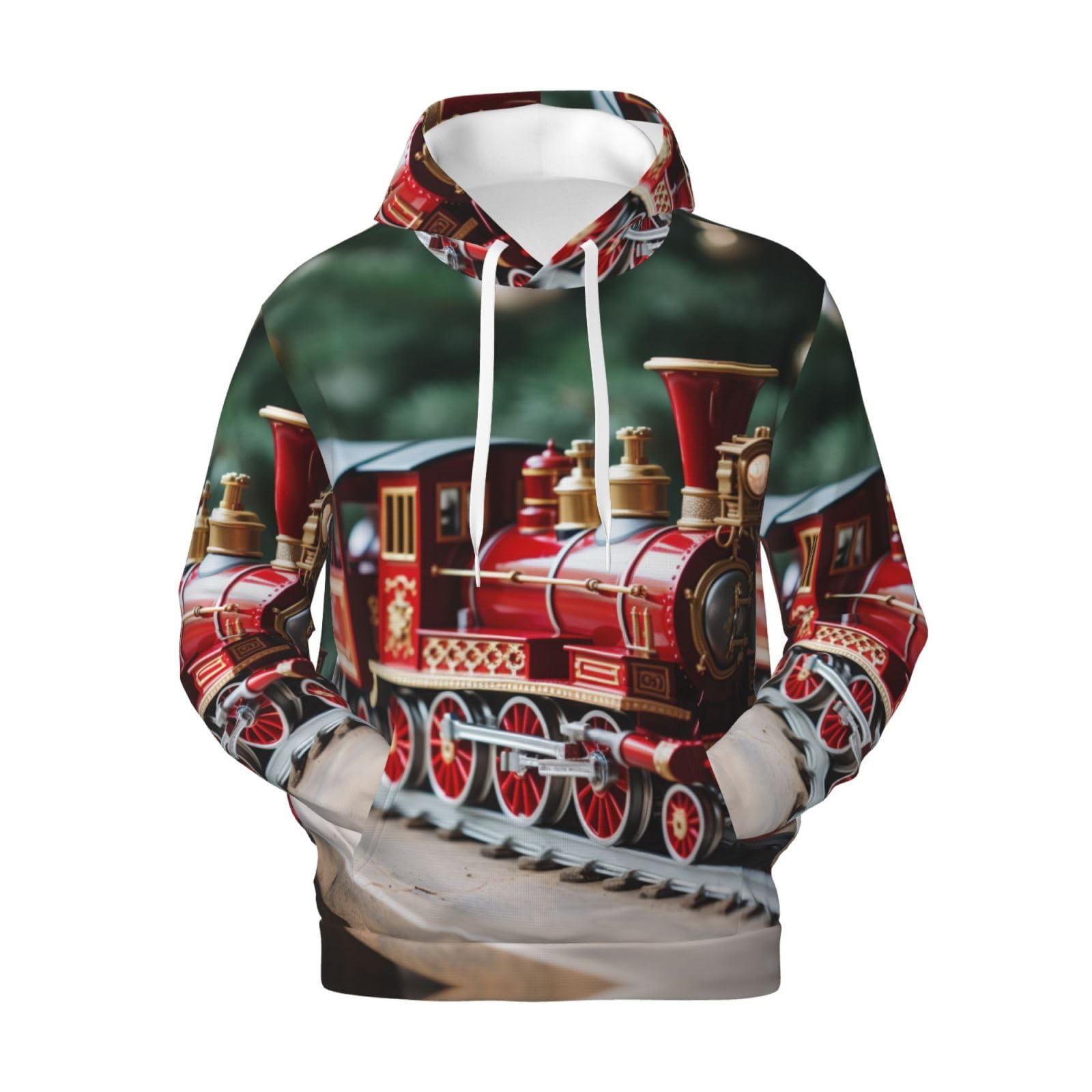 Męska bluza z kapturem z nadrukiem świątecznego pociągu, casualowa grafika z nadrukiem bluzy z kapturem z kieszenią