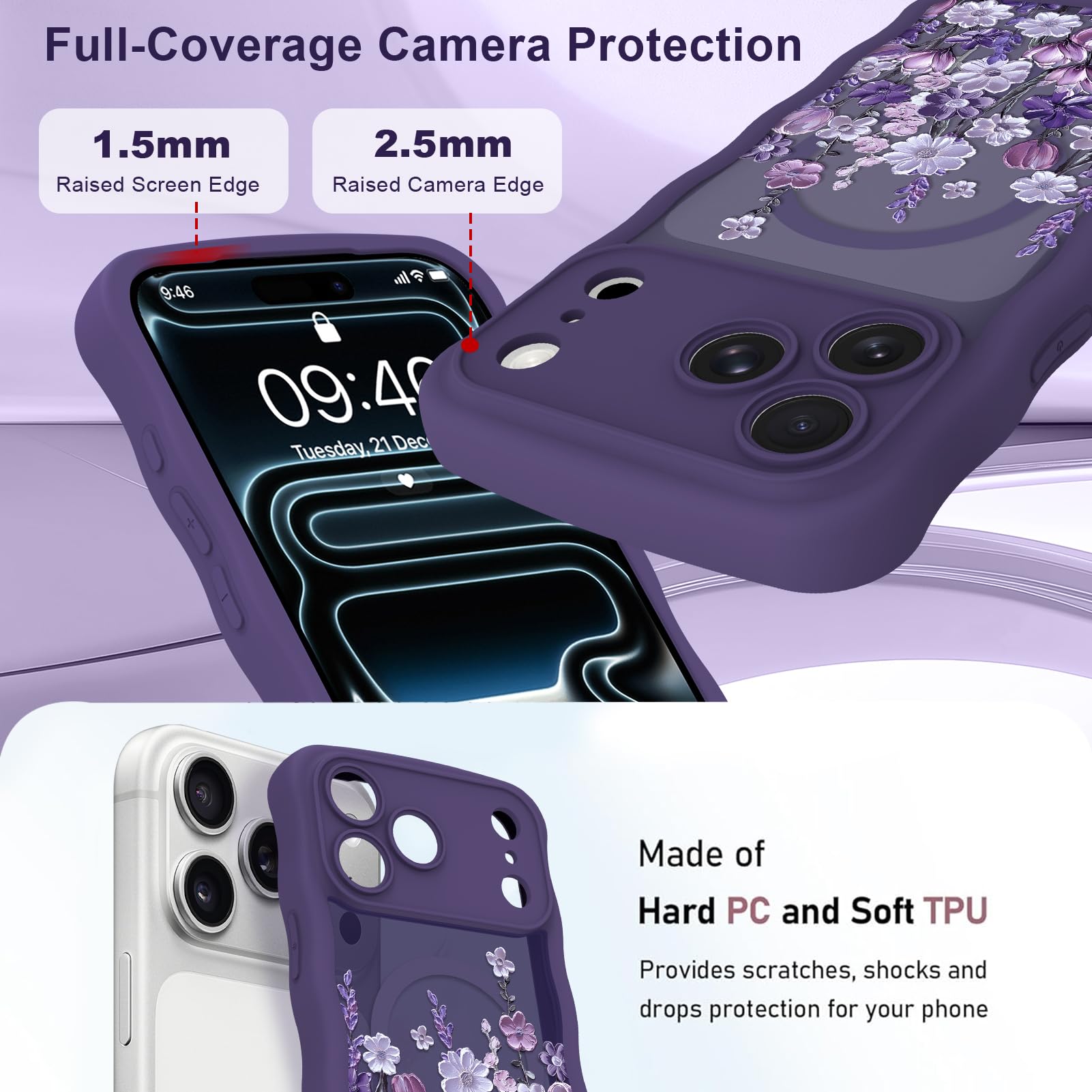Custodia magnetica per iPhone 17 Pro ondulata da donna, viola scuro | [Compatibile con MagSafe] pittura a olio fiore con bordo ondulato, protezione completa della fotocamera, antiscivolo