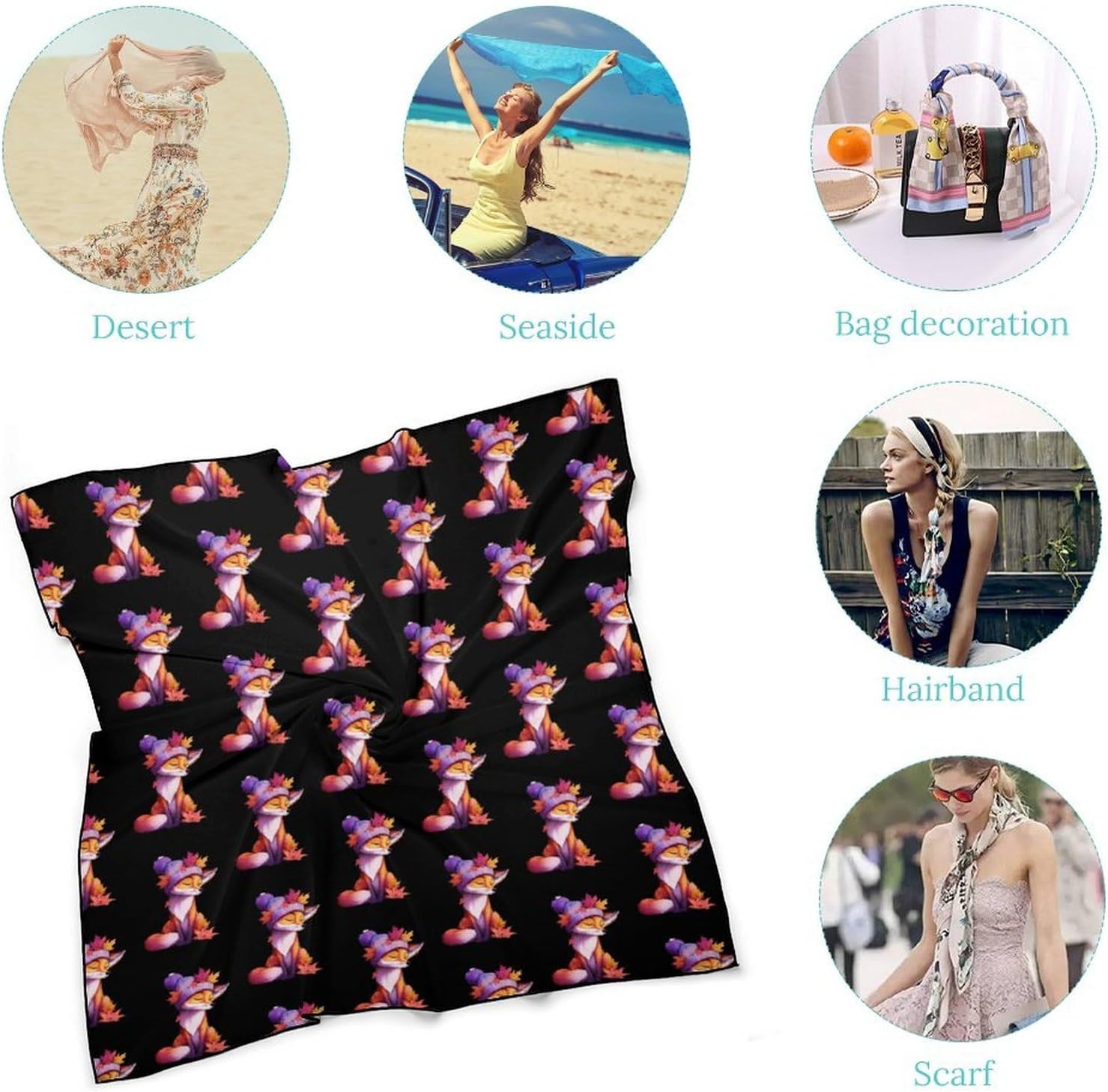 Foxes Silk-Like Square Scarf for Women Vintage Printed Neck Scarf Bandanas Hair Scarves
