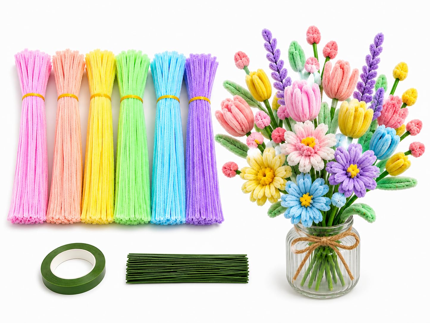 Pipe Cleaners for Craft Flower Making Set, Fuzzy Chenille Stems and Fluffy Sticks with Floral Tape and Wire, for Kids Arts and Crafts (pipe cleaners-100/stem wire-20/green tape-1)-image-38
