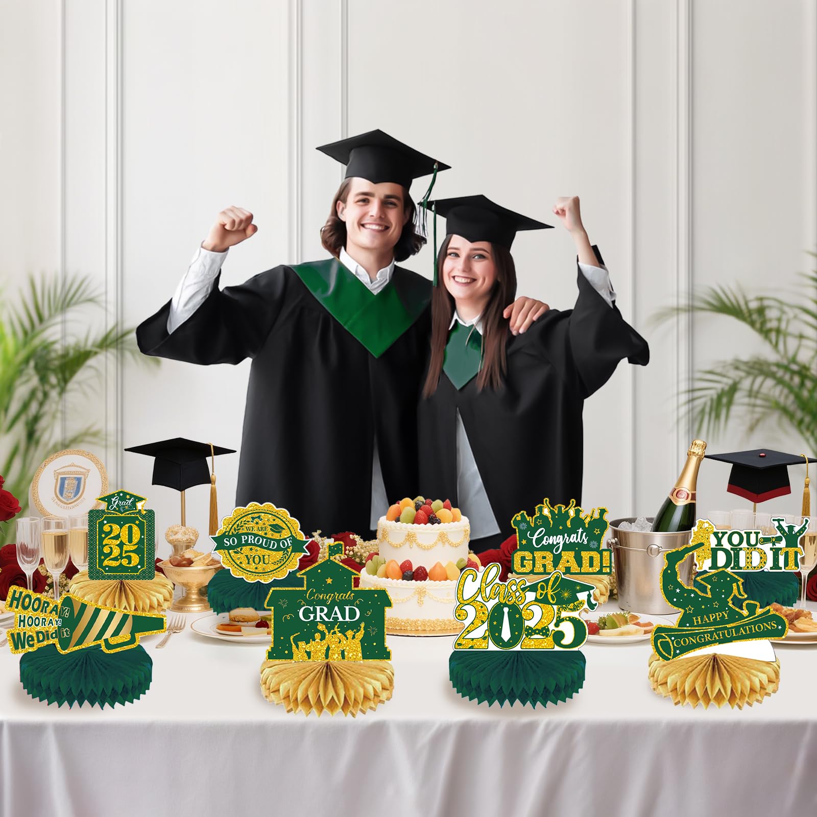 2025 Graduation Party Decorations - Green Gold Class of 2025 Graduation Party Decorations Honeycomb Centerpieces for Tables Congratulate for 2025 Congrats Grad Party Supplies Favors 8 Pcs