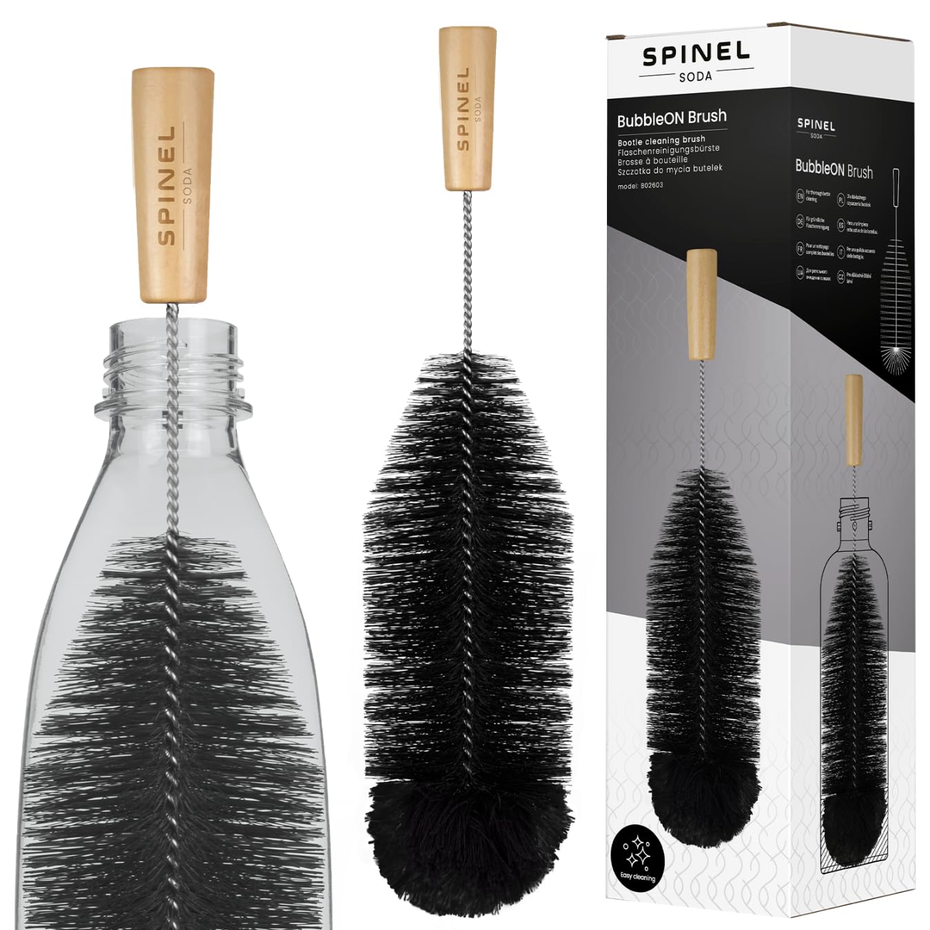 Spinel Black Soda - Bottle Brush Compatible With Sodastream, For Cleaning Glass And Plastic Bottles, Universal Long Size With Bristles, No Scratch Cleaning (Black)