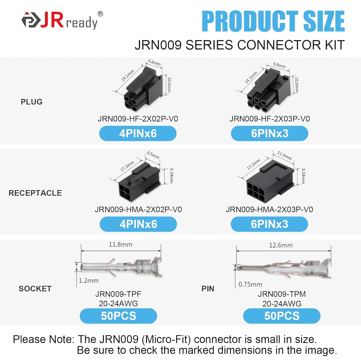 Micro-fit 3.0 4Pin 6Pin Connector Kit Molex Connectors MX 3.0 Dual Rows JRready Wire Power Male Females Housing Plug Connect Compatible with Molex MX 3.0mm Pitch Connector 118Pcs ST6515