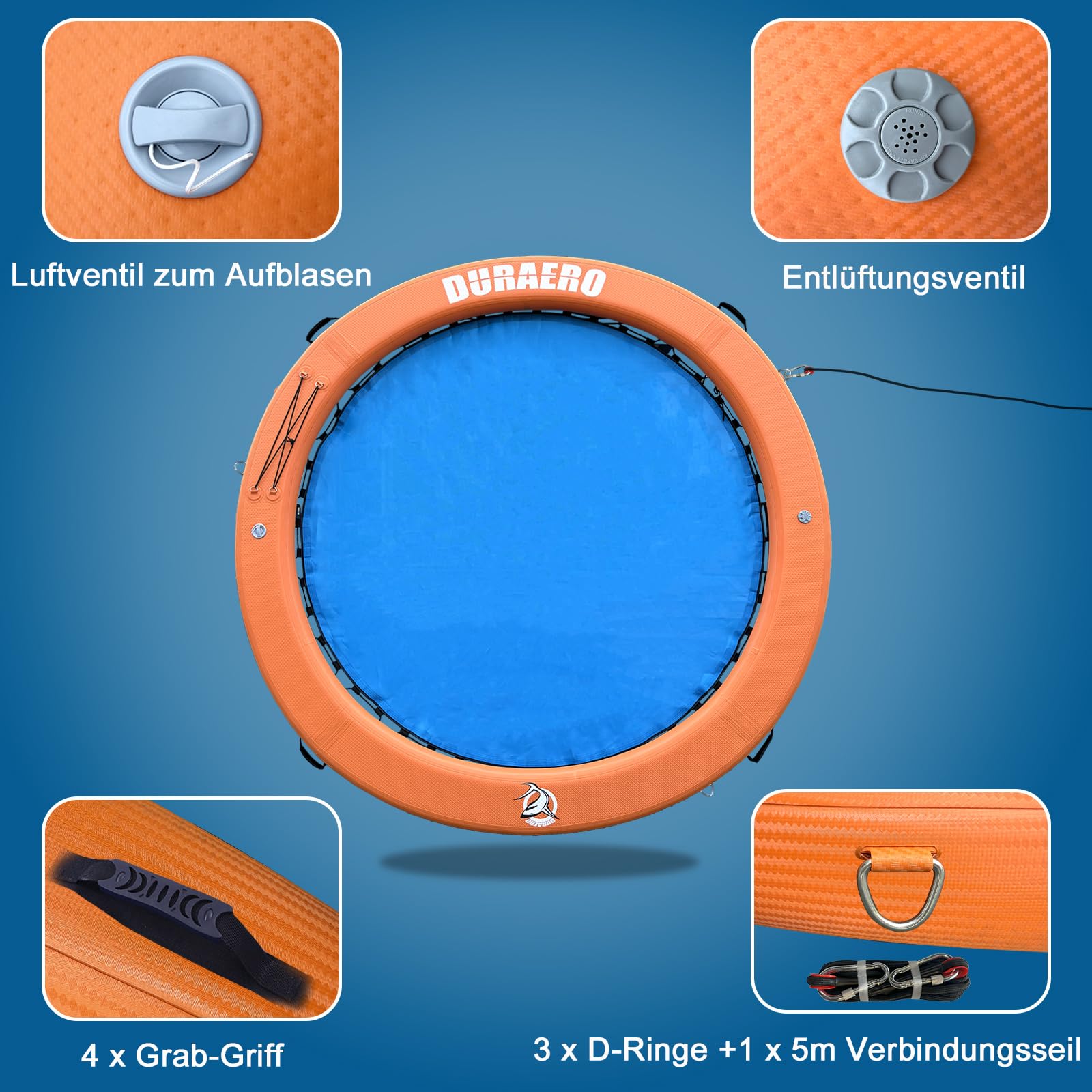 Amaca Gonfiabile ad Acqua Rotonda 245cm – Isola Galleggiante in PVC Drop-Stitch per 2–6 Persone, Piattaforma da Nuoto per Lago e Piscina, Lettino Galleggiante con Rete, Corda, Ganci e Maniglie