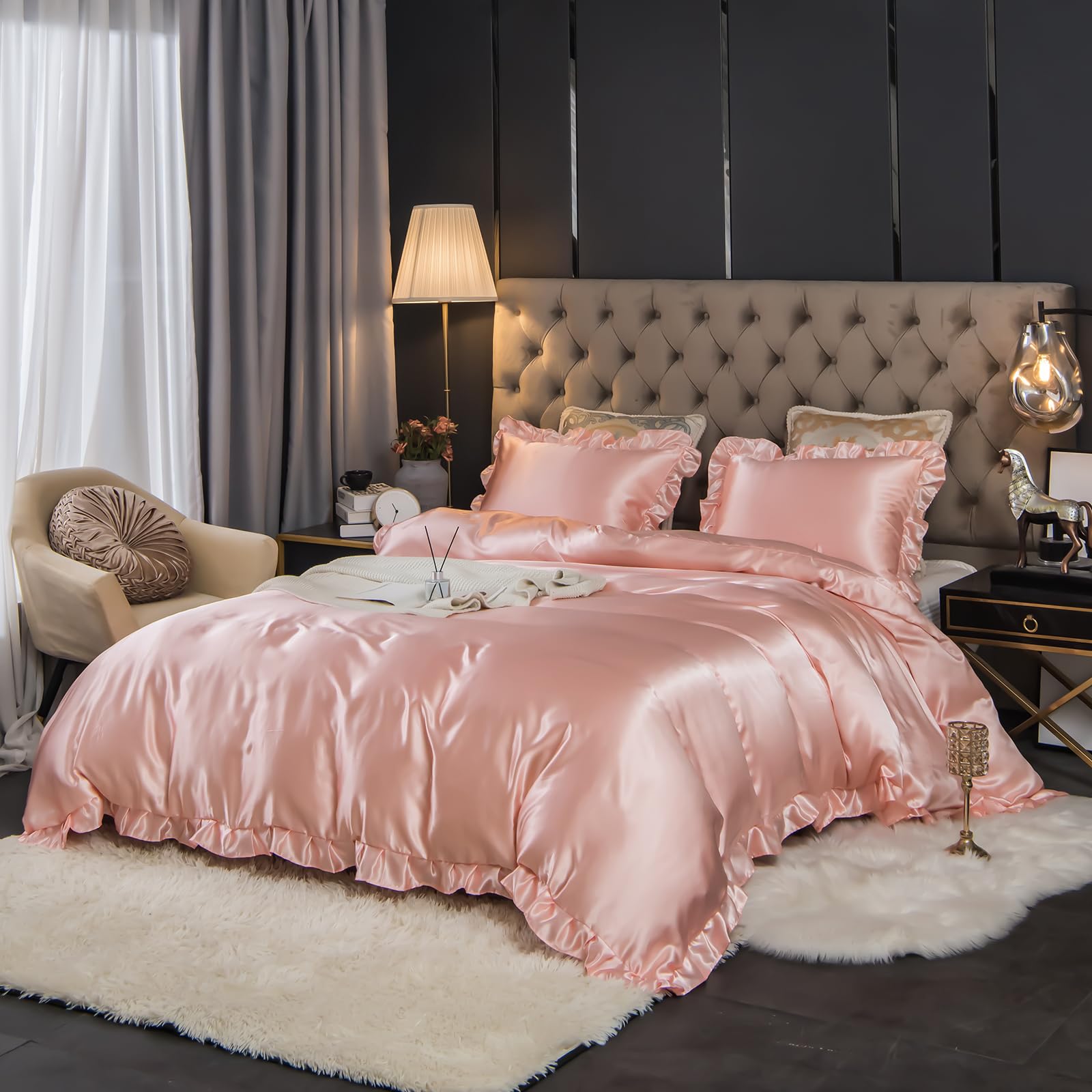 Herside Satin Duvet Cover Set Double Pink Silky Bedding Silk like Satin Ruffle Fringe Boho Ruffle Bedding Sets 1 Girls Duvet Cover 2 Pillowcases (Pink