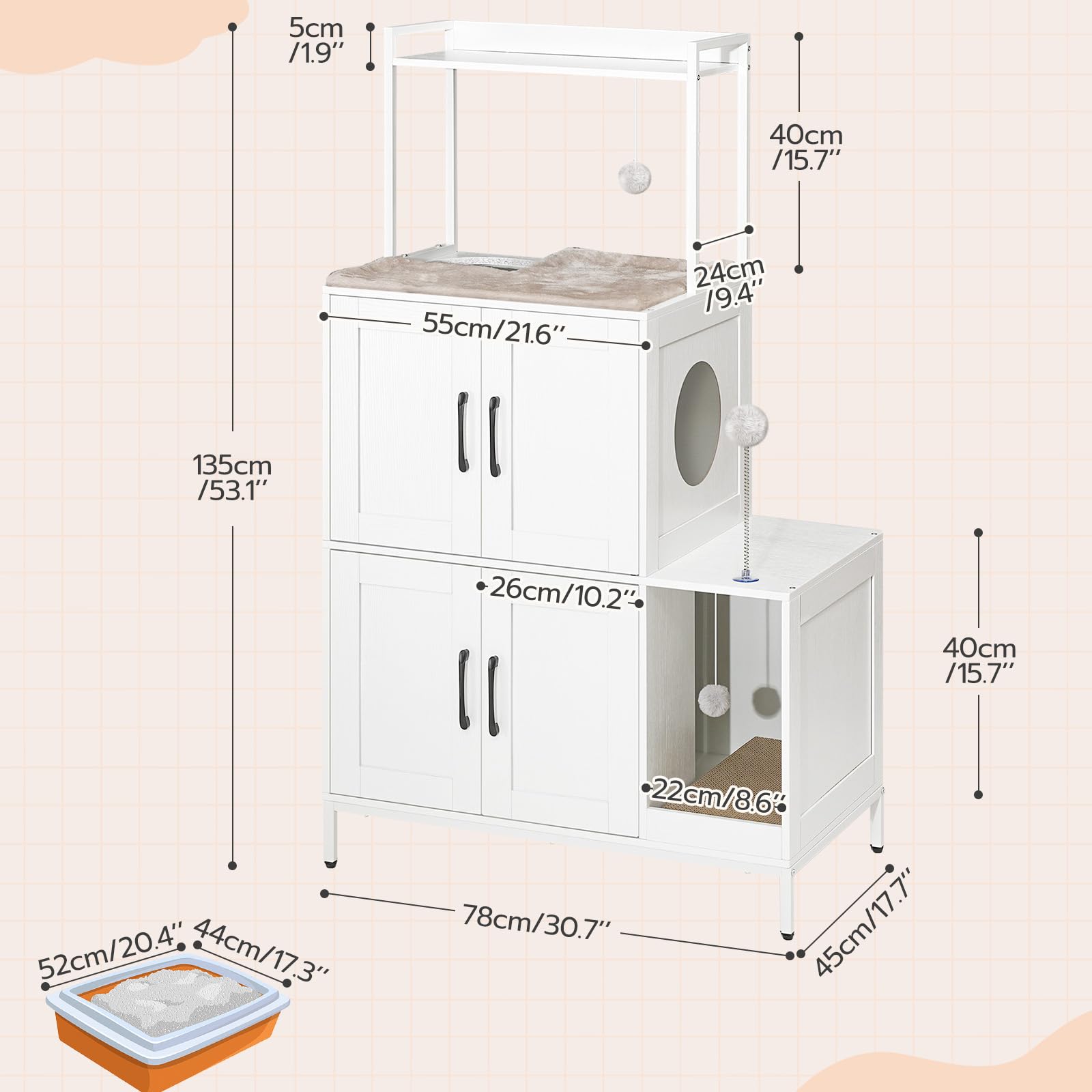 HOOBRO Maison de Toilettes pour Chats, Meuble pour Animaux avec Rangement et Étagère, avec 2 Boules en Peluche Suspendues et 1 Balle de Jeu, Litière pour Chats d'Intérieur, Blanc EWT78MW01