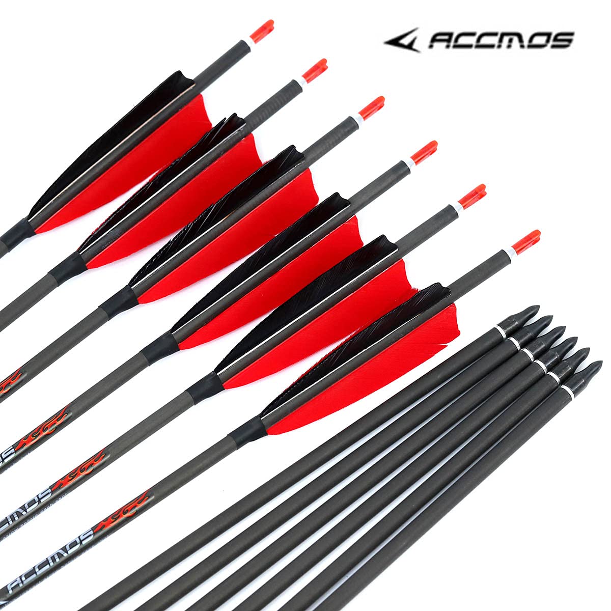 ACCMOS 33 Pollici Freccia in Carbonio ID 6,2 mm Spine 300 con 4" Piuma di Tacchino Frecce da Caccia, per Arco Ricurvo Arco Composto Tiro con L'Arco 6 pzi (6pcs, Spine 300)