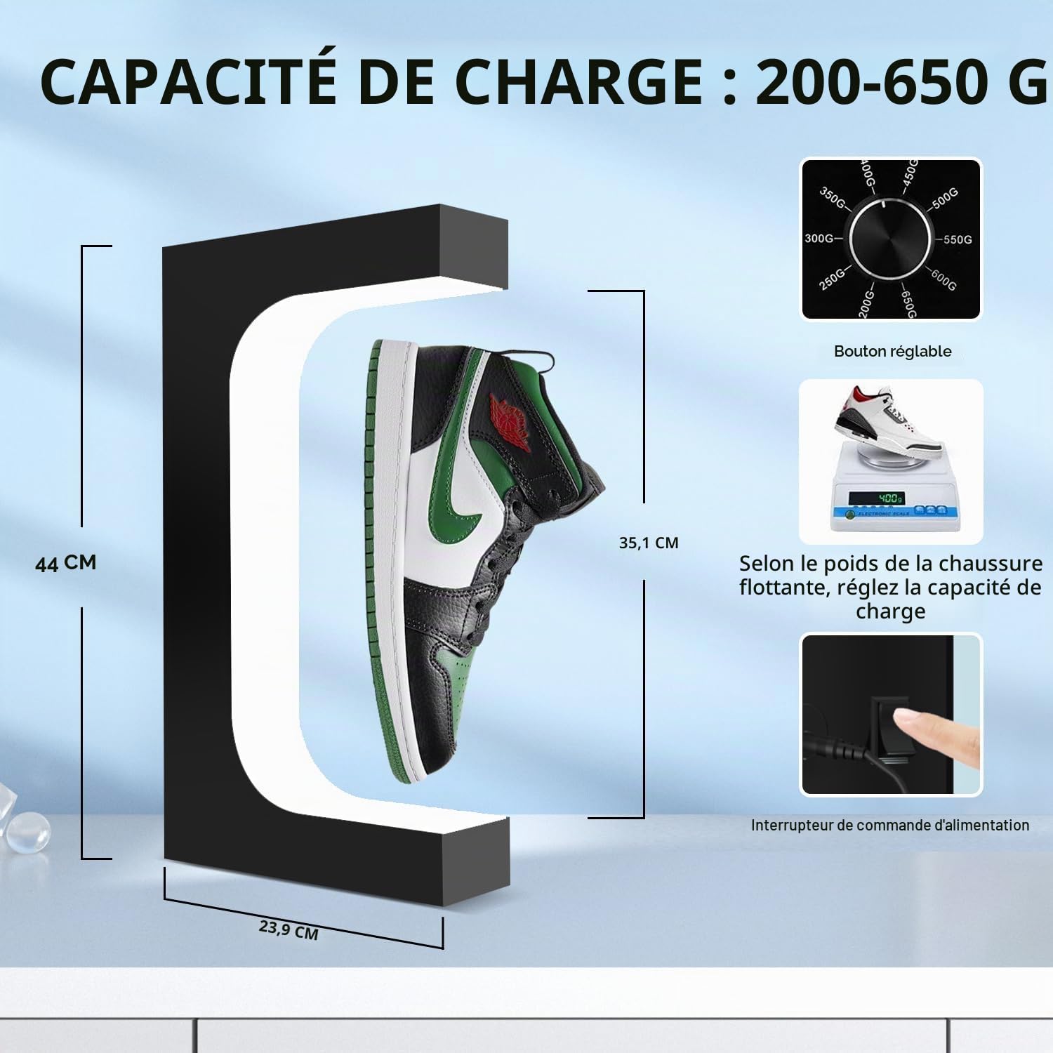 Présentoir à chaussures flottant, support en lévitation pour baskets en acrylique avec lumière LED pour publicité, exposition, vitrine, décoration d'intérieur
