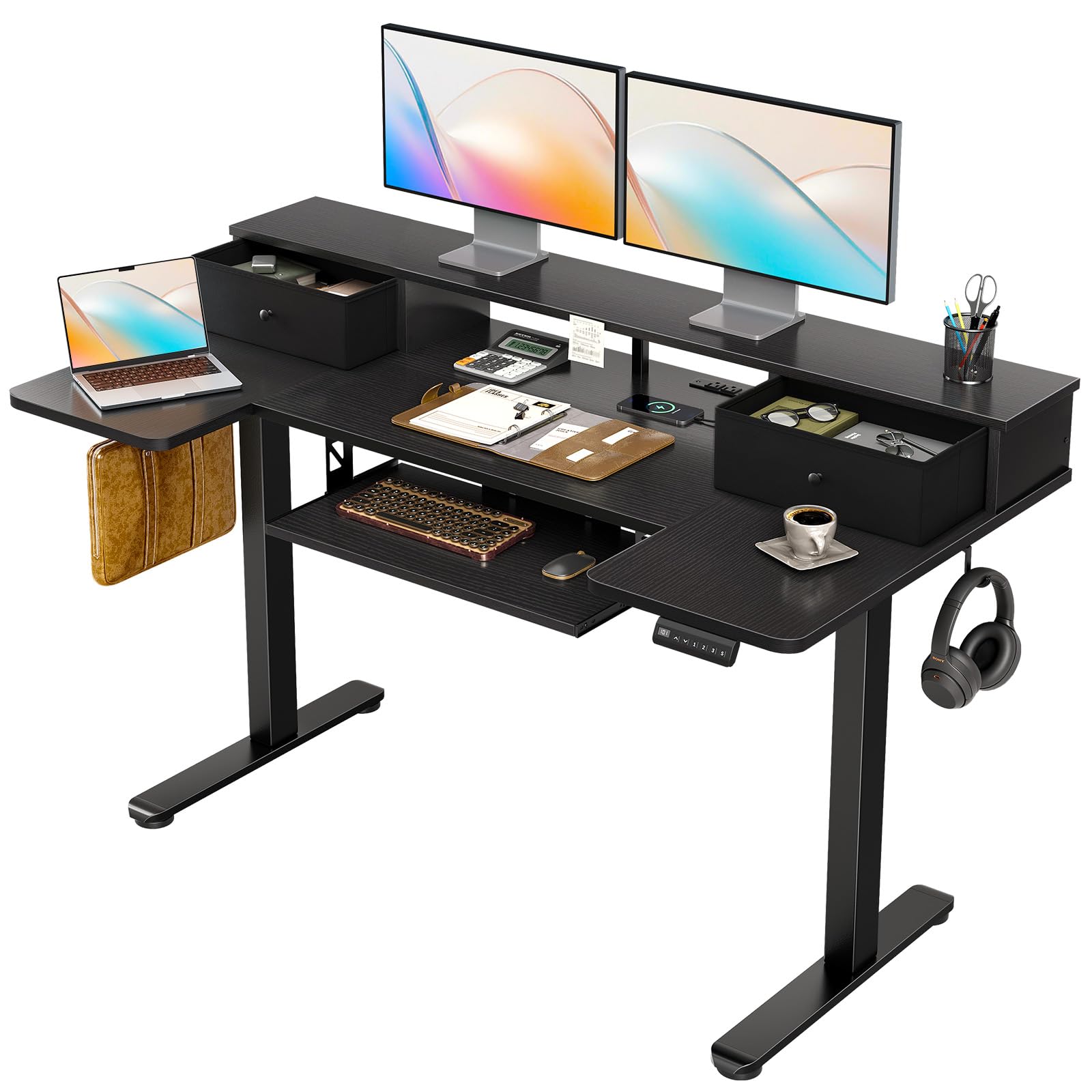 OffiGo 55 Inch U Shape Standing Desk with Keyboard Tray &amp; Drawers, Black