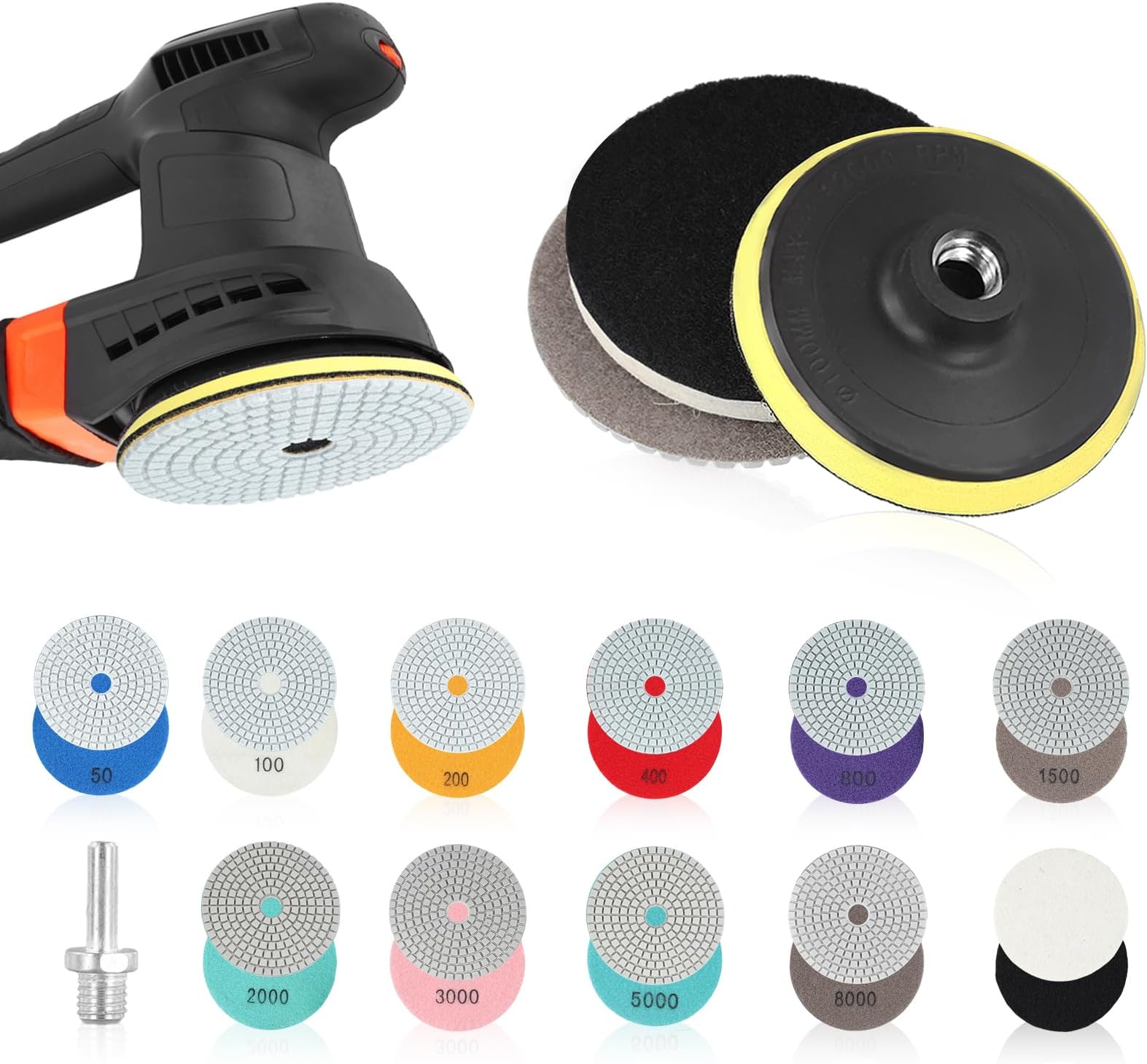 14Pcs Diamond Polishing Pads with M14 Backer Pad, Wet/Dry Diamond Polishing Pads Kit for Granite Stone Concrete Marble Grinding Discs Set 50, 100, 200, 400, 800, 1500, 2000, 3000, 5000, 8000