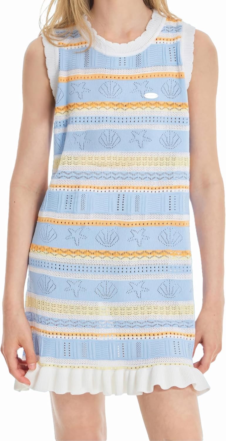Girls Sleeveless Tank Dress, Blue Multicolor Striped Floral with Ruffle Hem Casual Summer Dress 6-16Y - Image 6