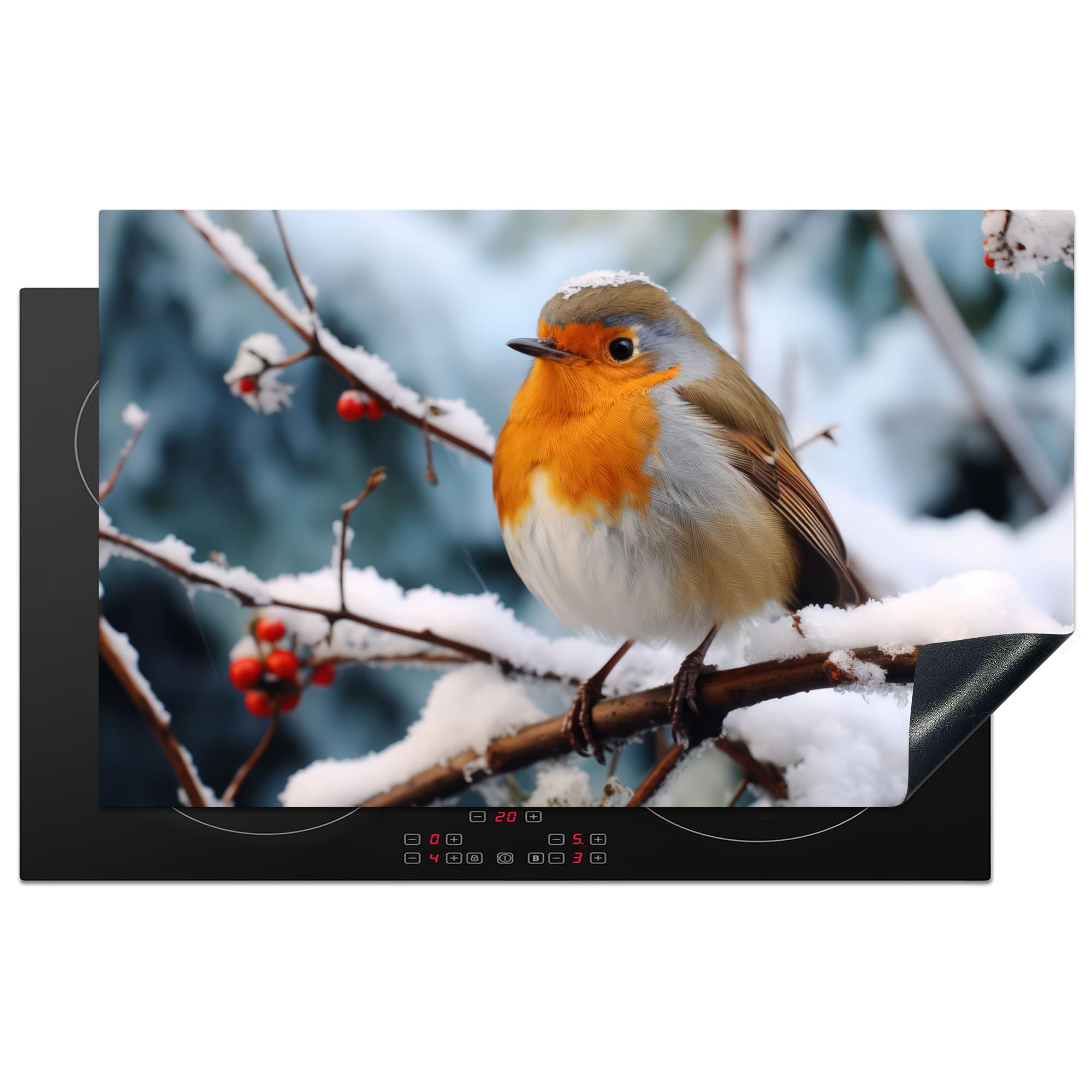 KitchenYeah© Induction Hob Protector Mat 20.3"x32.7" / 83x51.5 cm Stove Cap Top Cover Kitchen Cooker Covers for Electric Hobs Vinyl Robin - Winter - Snow - Bird - Nature