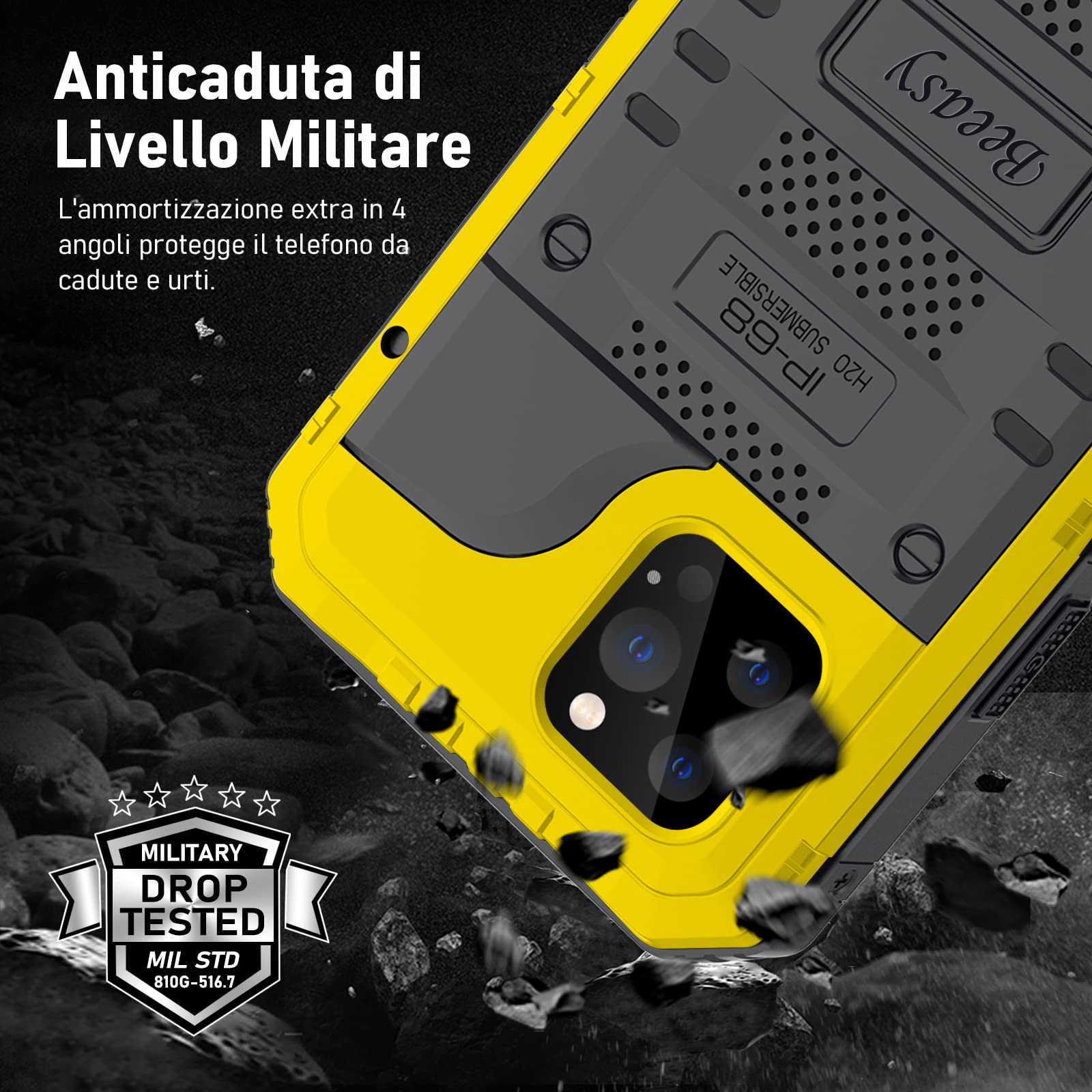Beeasy Cover per iPhone 12 Pro IP68 Impermeabile Custodia Militare Antiurto Resistente 360° Metallo Armor Protezione Schermo Integrata Rugged Robusta Indistruttibile Subacquea Antipolvere Giallo