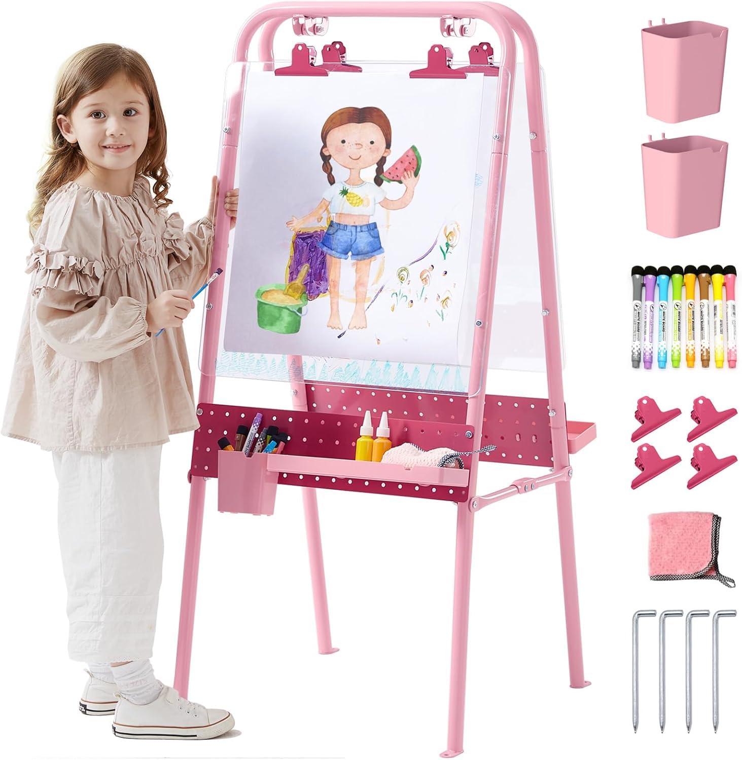 FUNLIO Foldable Outdoor Easel for Kids Aged 3+, Double-Sided Toddler Easel with 2 Acrylic Boards & 21 pcs Accessories, Waterproof & Sunproof Art Easel for Kids, Portable & Stable - Pink