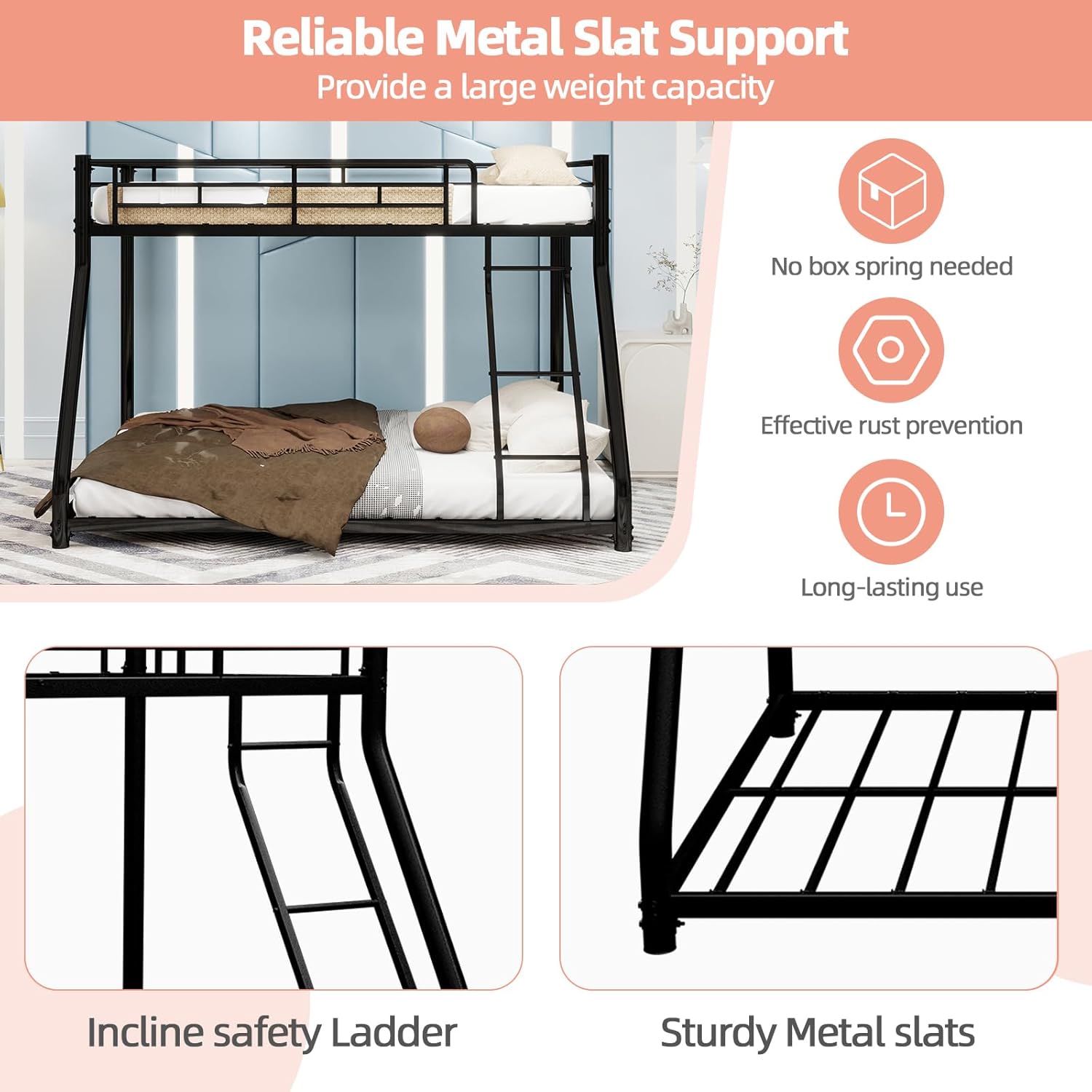 Heavy Duty Metal Bunk Bed for Teens & Adults, Twin Over Full with Removable Stairs & Guardrail, No Box Spring Needed, Black