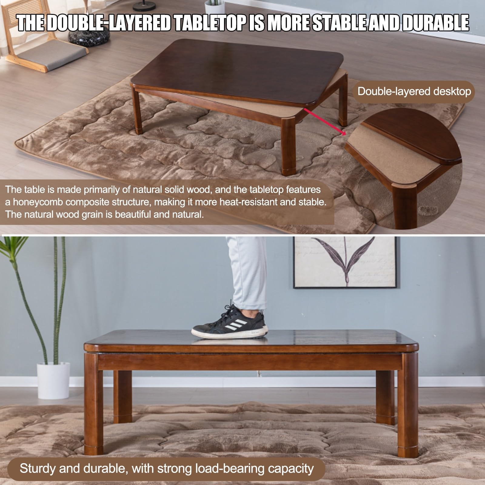 HARELA Kotatsu 4er-Set Wohnzimmerheizung Im Winter, mit Decke Teppich Heizung, Aus Massivholz Heiz-Kotatsu Im Wohnzimmer, Warmes Geschenk Für Die Familie(Gray B)