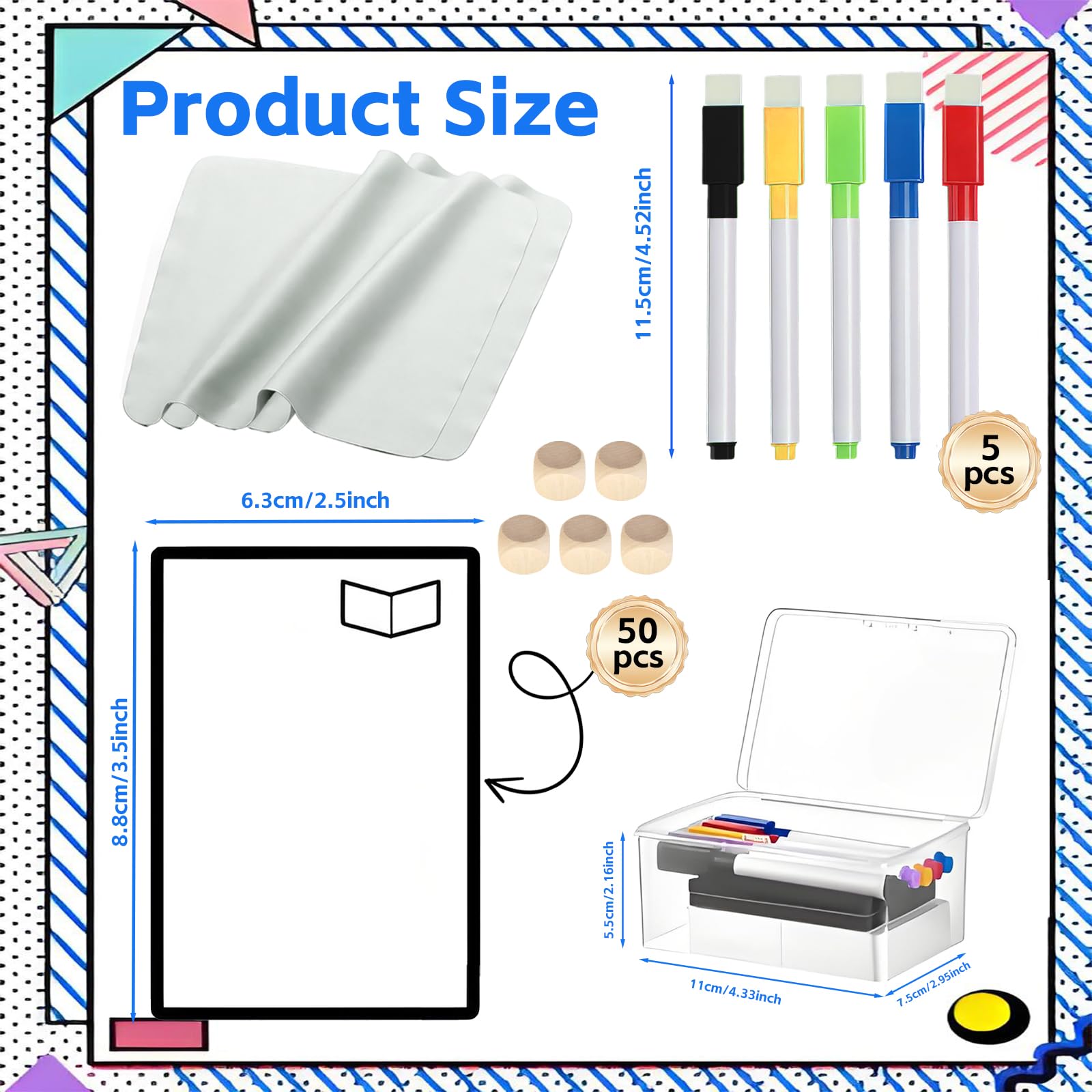 50 fichas multifuncionales de borrado en seco con 1 caja de almacenamiento, 5 marcadores de borrado en seco, 6 dados en blanco y 2 paños de limpieza para gafas, cartas de juego reutilizables en blanco 2