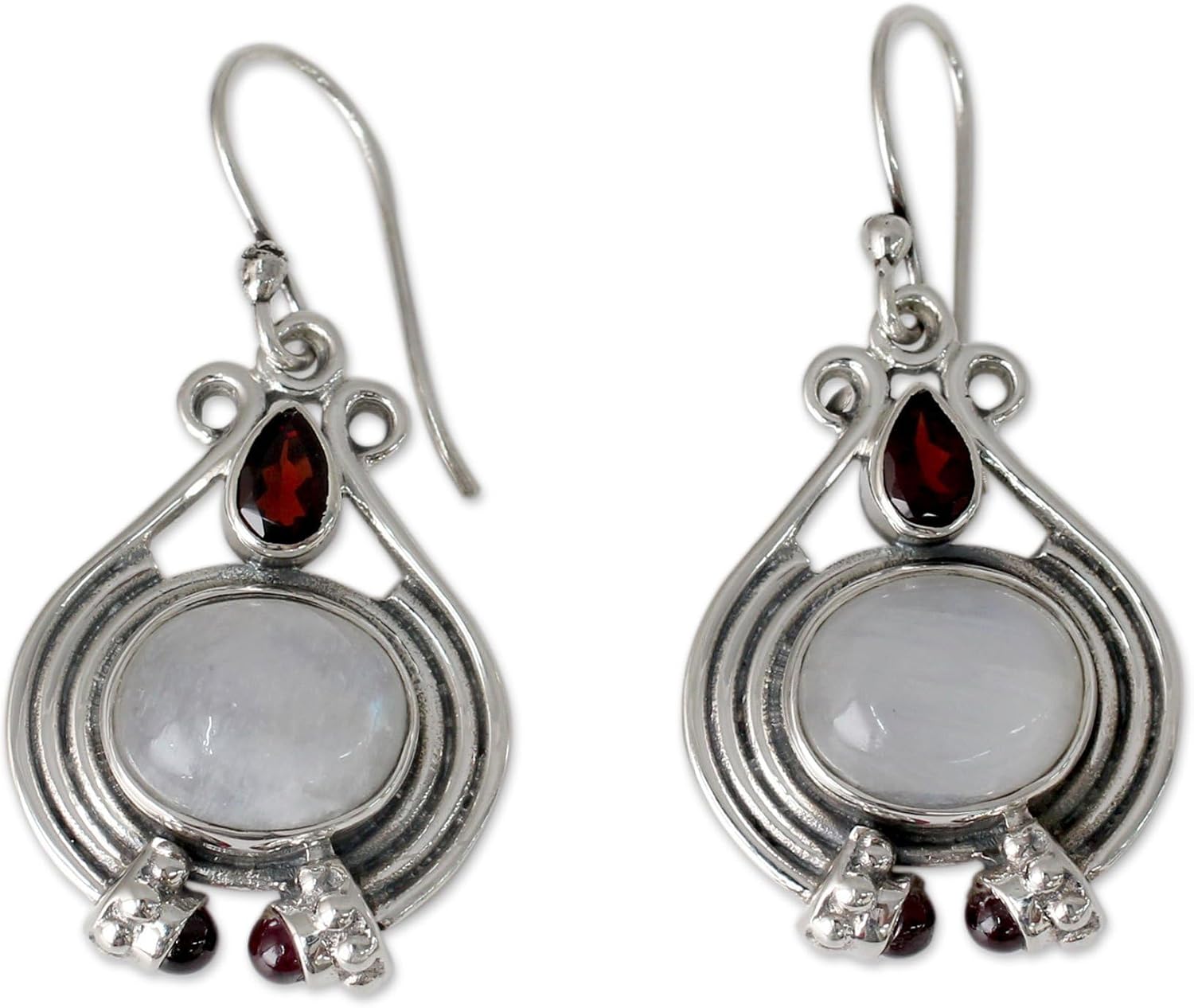 NOVICA Artisan Handmade Rainbow Moonstone Garnet Dangle Earrings Sterling Silver Clear Red India Birthstone [1.7 in L x 0.9 in W x 0.2 in D] ' Mysterious Mist'