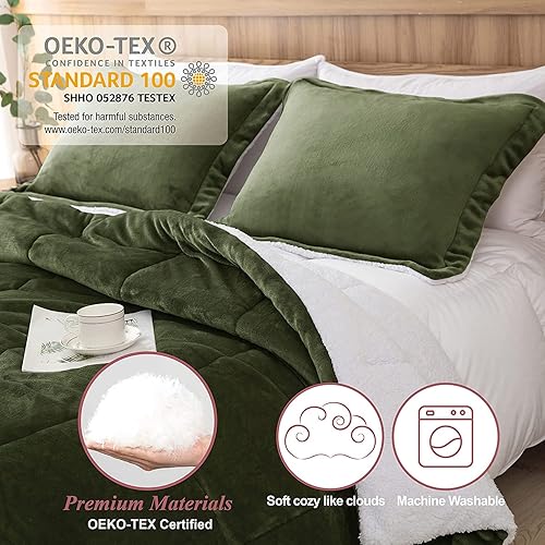 Miniatura 3 de Seward Park - Juego de edredón Sherpa verde oliva tamaño Twin XL, ropa de cama suave y cálida para todas las estaciones, manta de otoño, juego de