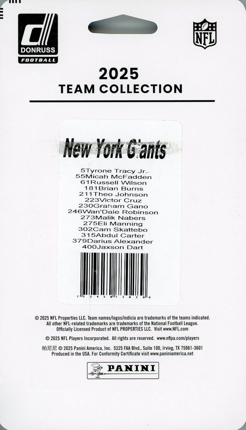 2025 Donruss NY Giants Football Limited Edition 14 Card Complete Factory Sealed Team Set with Rated Rookies of JAXSON DART, CAM SKATTEBO & ABDUL CARTER Plus Legend Eli Manning & More!