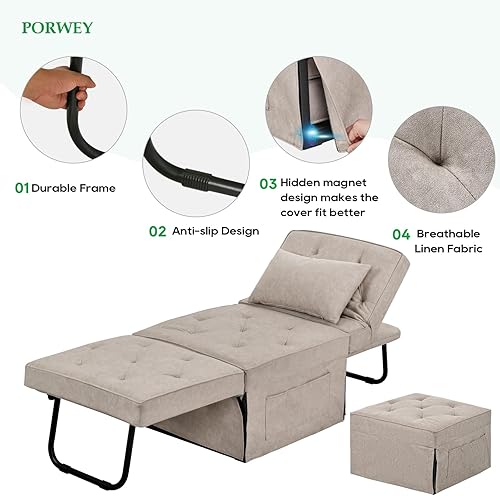 Miniatura 5 de Sofá cama, sofá cama, futón convertible 4 en 1, sofá otomano plegable con respaldo ajustable para sala de estar, oficina, no requiere montaje, 29