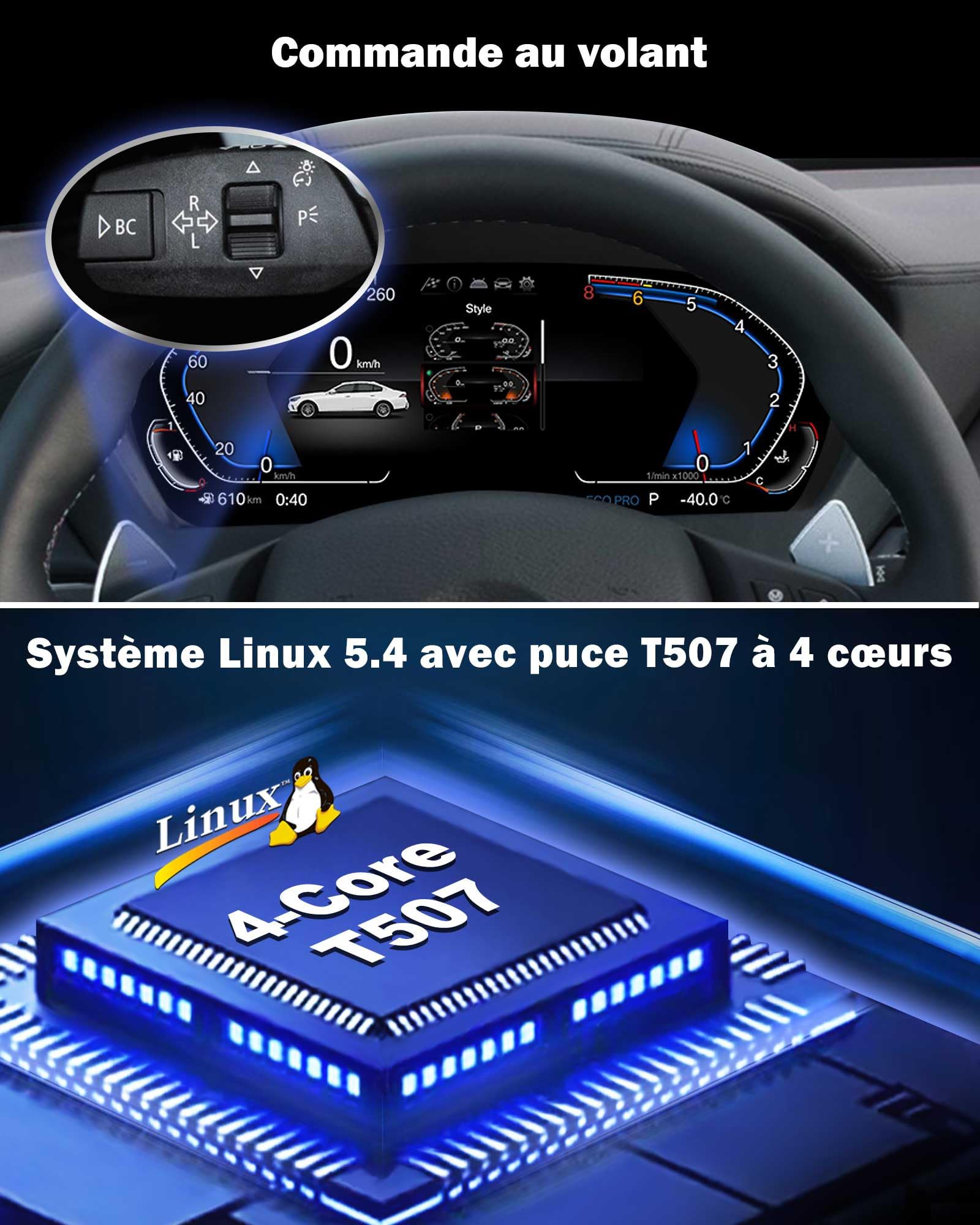 Tableau de bord digital 12,3'' Écran LCD pour BMW X5 E70 X6 E71 Série 5 E60 E61 CCC/CIC Système Tableau de bord Compteur de vitesse, 4-Cœur, 7 Styles UI, Plug & Play, Commande au volant, 1920 * 720P