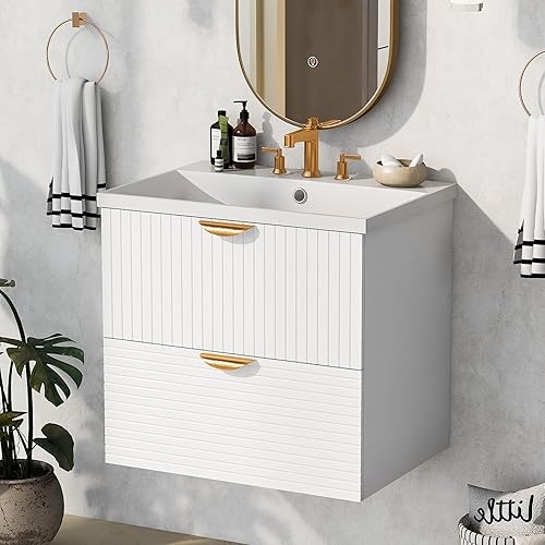 Polibi Moderno mueble de baño flotante de 24 pulgadas con 2 cajones, tocador de baño con fregadero superior, ideal para baños pequeños