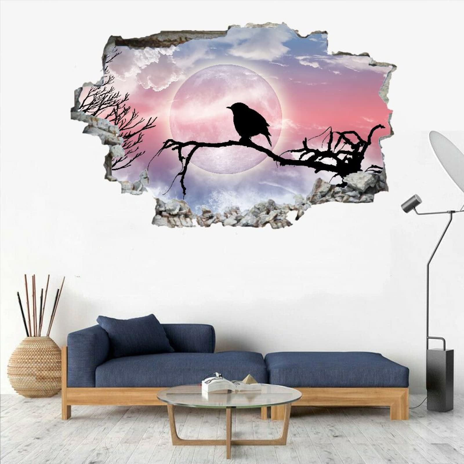 Pájaro Tatuajes De Pared Wall Tattoo 3D Smashed Luna Adhesivo De Pared Extraíble Calcomanías Murales Para Habitaciones Nubes Niñas Niños Dormitorio Mural Decoración Para El Hogar 80x120cm