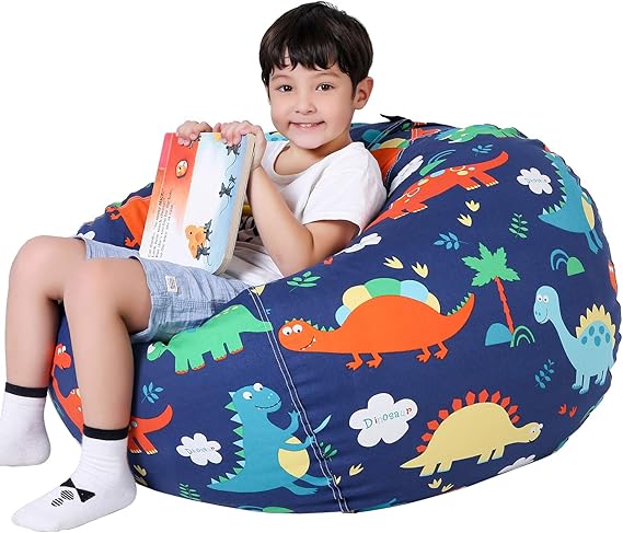 Lukeight Dinosaur Stuffed Animal Storage Bean Bag Chair Cover - Premium Canvas Organizer with YKK Zipper Holds 60+ Plush Toys, Washable Kids Room Decor (No Filling, Large)