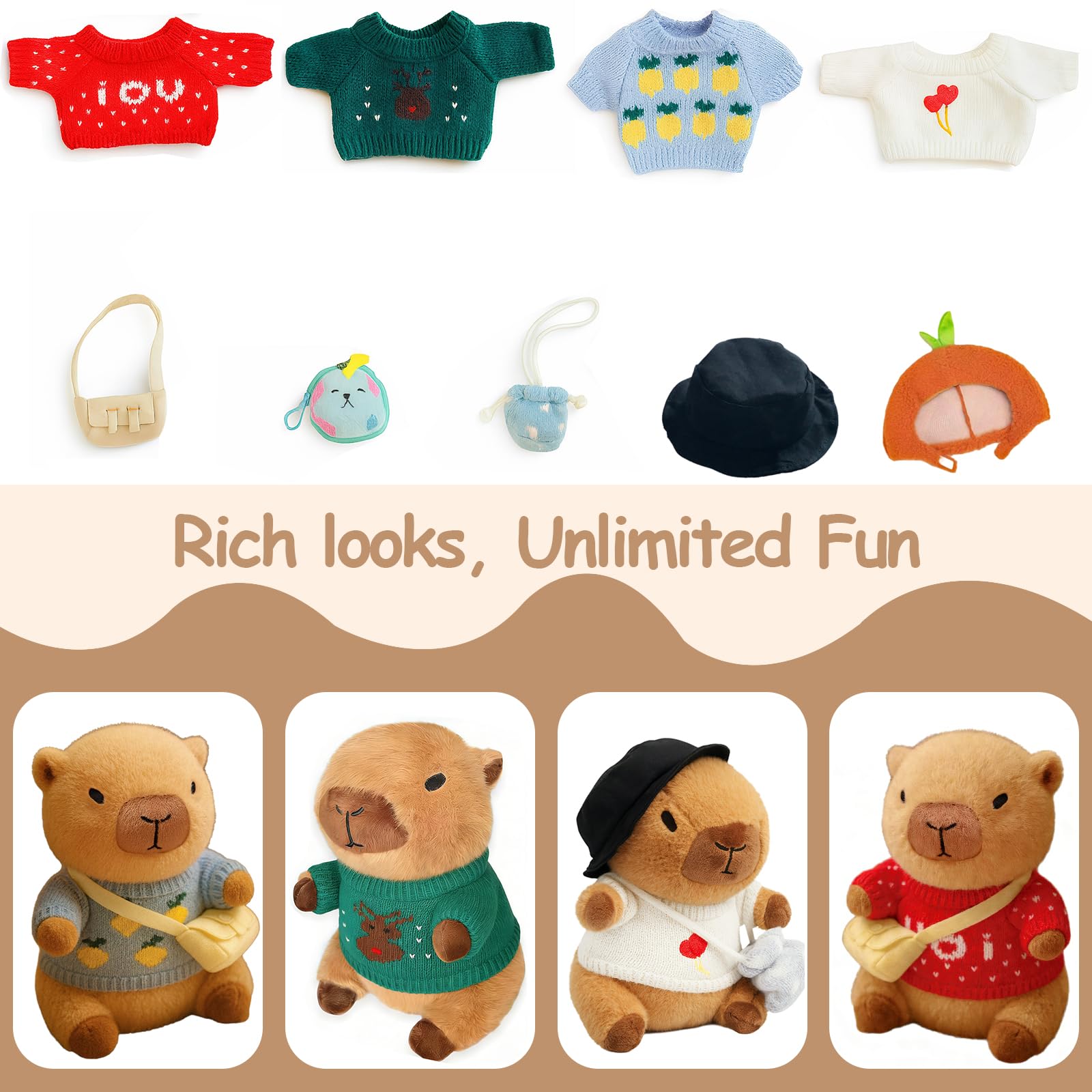 TITQWOP 10Pcs Capybara Plush Toy Capybara Plush with 9 Clothes and Accessories Super Soft Capybara Stuffed Animal for Kids Girls Boys 10.2inch - Image 2