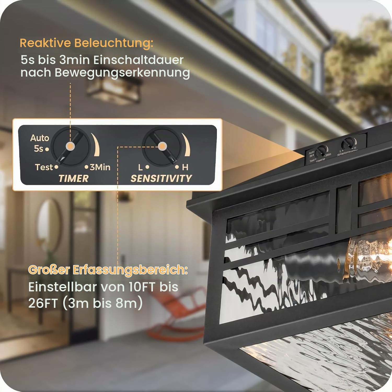 Deckenleuchte mit Bewegungsmelder 2 Flammig E27 Retro Deckenlampe Quadrat Flurlampe Schwarz Industrial Deckenbeleuchtung mit Klares Glas Innen Beleuchtung für Flur Balkon Esszimmer (Ohne Glühbirne)