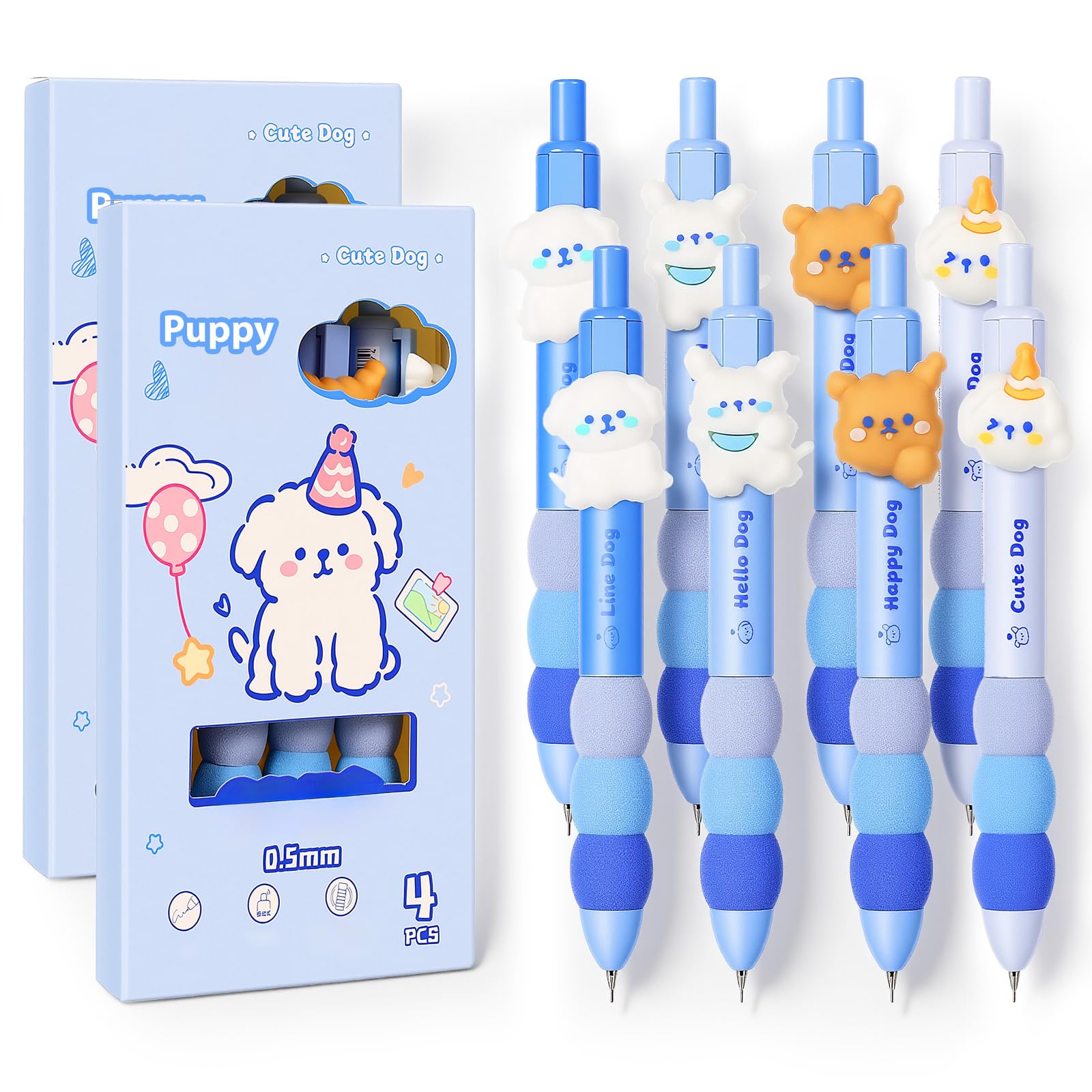 Lot de 4 porte-mines en forme de chien mignon avec gomme de 0,5 mm - Crayons mécaniques kawaii de dessin animé - Cadeau pour femme et homme