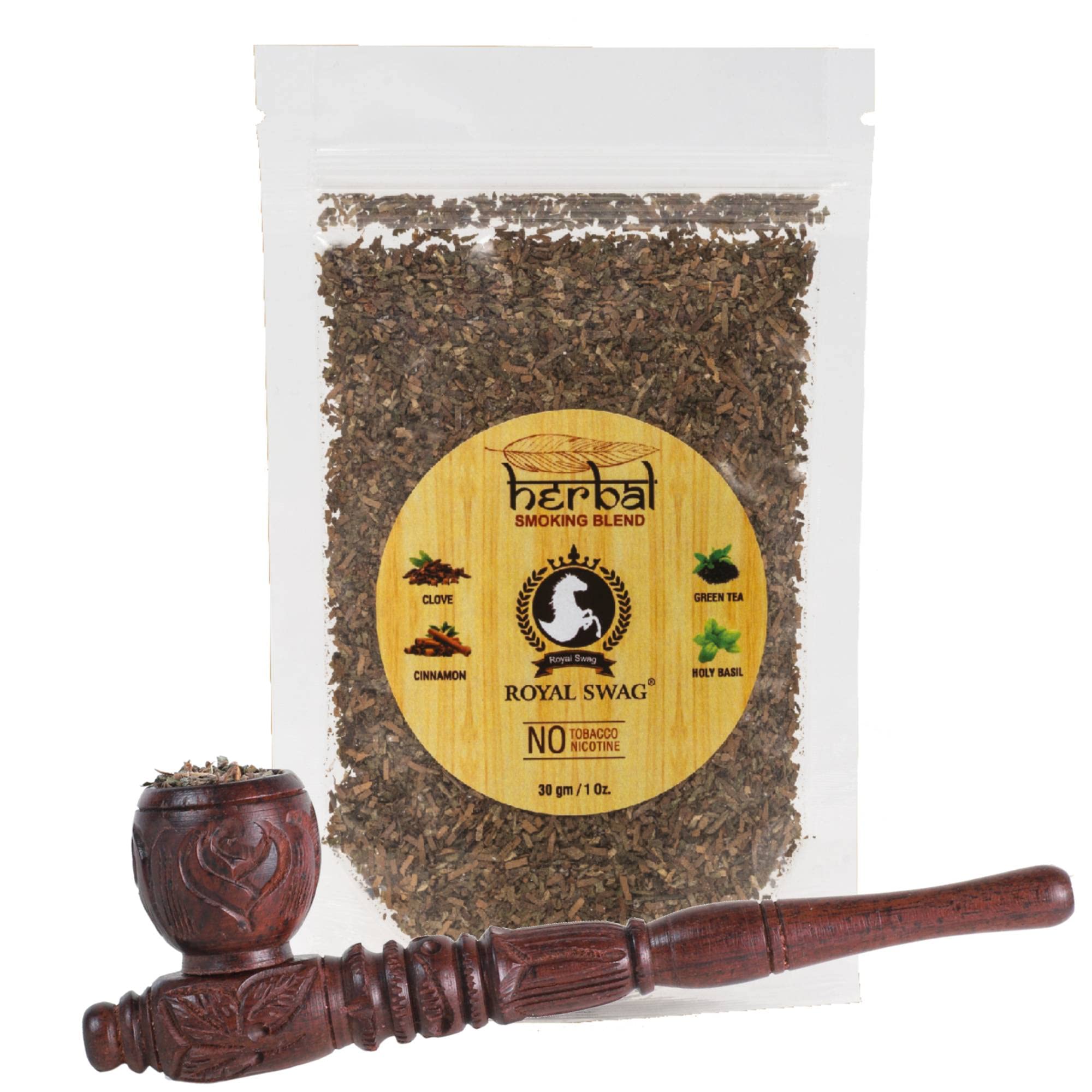 ROYAL SWAG Ayurvedic Herbs Herbal Smoking Blend - Ayurvedic Smoking Mixture Blend 30 gram Pack With Hard Wood Vitange Antique Wooden Pipe | 100% Tobacco Free and Nicotine Free - Made with Ayurvedic Herbs