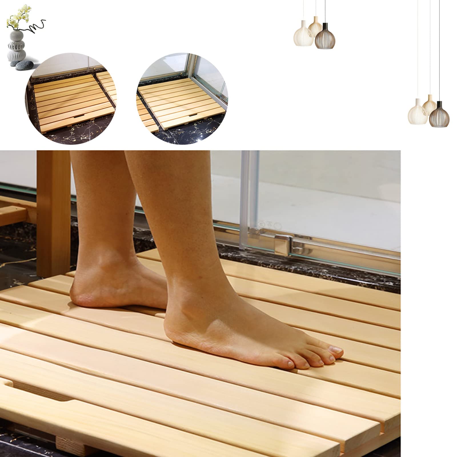 Alfombrilla de ducha natural, alfombrilla de baño de madera, alfombrilla de ducha natural, alfombrilla de baño de bambú multiusos, diseño de listones, con patas de goma antideslizantes, para un fác