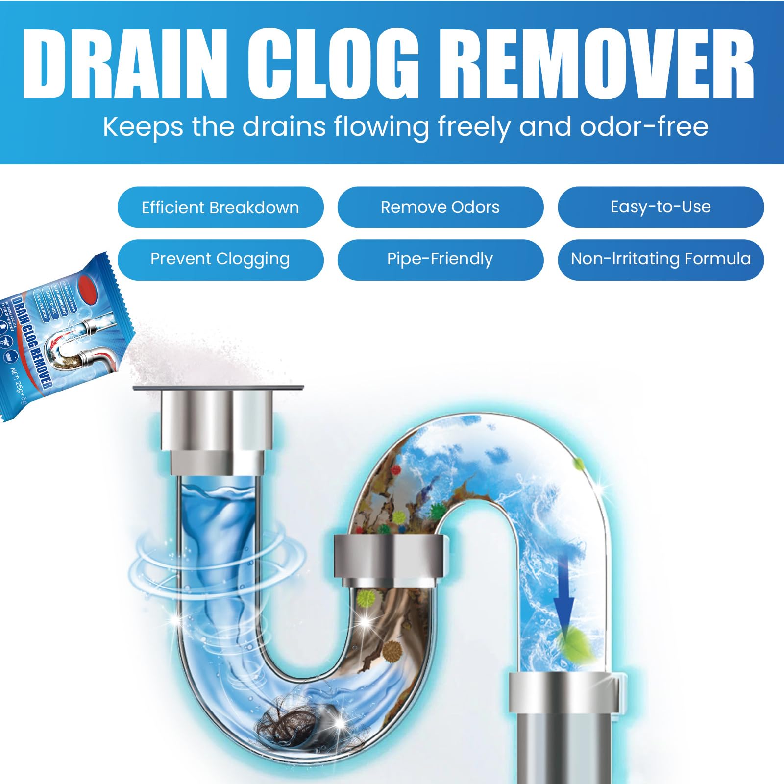 Poudre de Nettoyage pour Tuyaux,Nettoyant pour Canalisations D'évier,Agent de Dragage de Tuyaux Puissant,Pipe Clean Powder,Sink and Drain Pipe Dredging Powder,Poudre de Canalisation