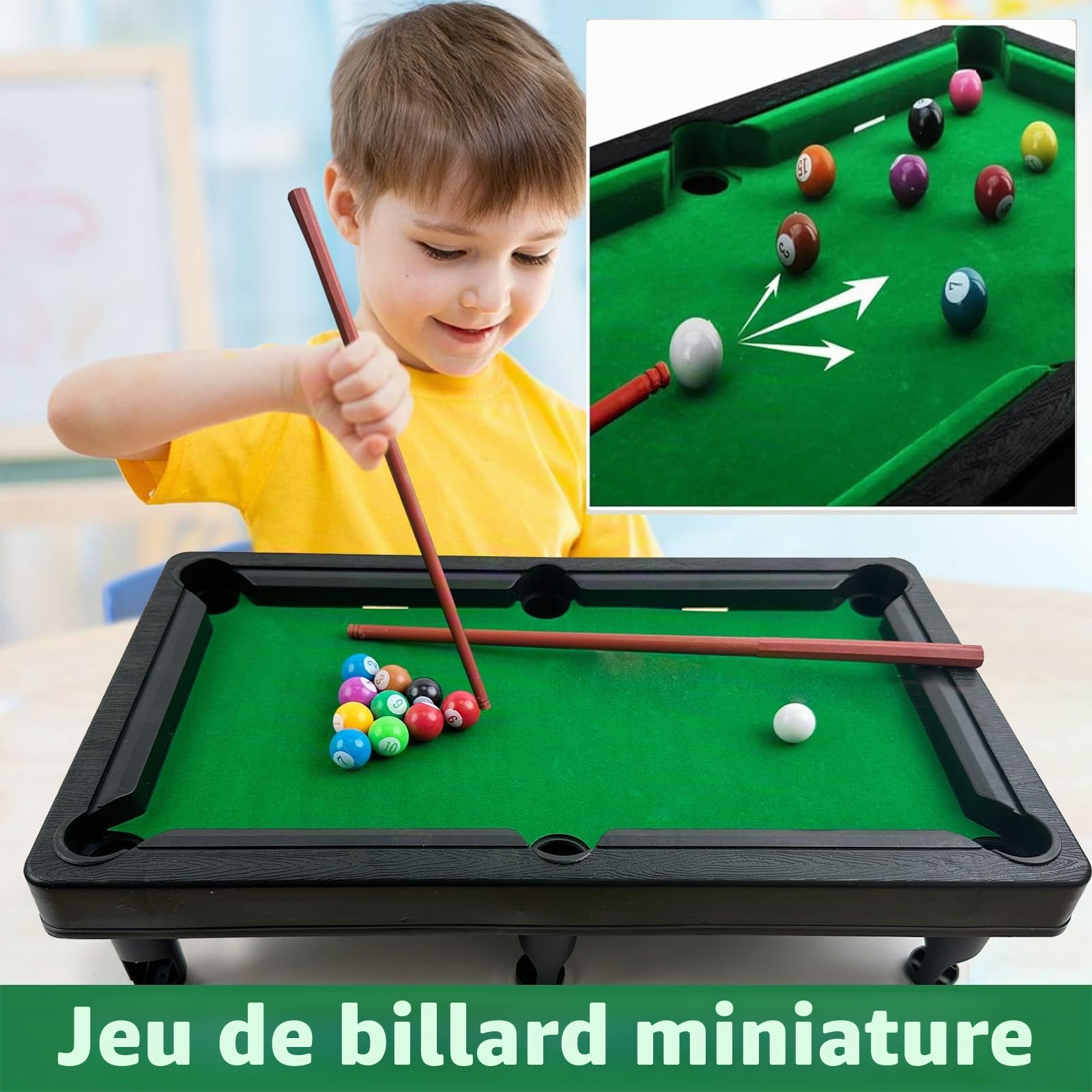 YumSur Mini table de billard avec set de 11 boules, 2 queues et 1 triangle, Table de jeu de snooker portable pour soulager le stress pour enfants et adultes (Style 2)