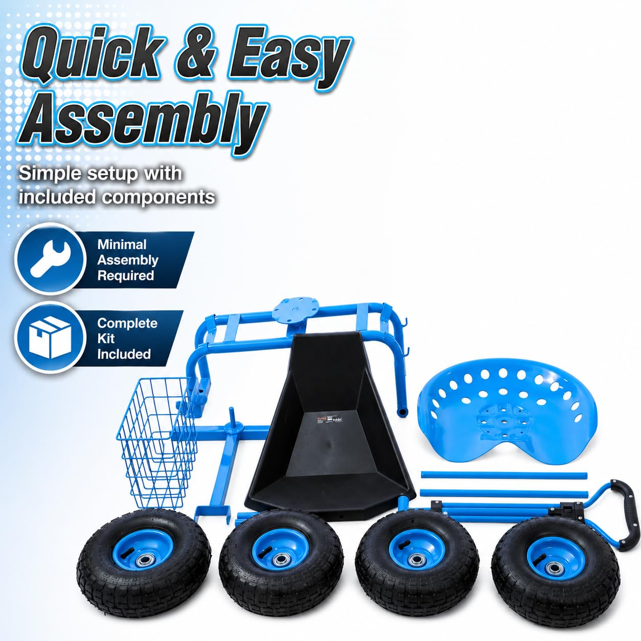KATSU Tools Carrito de jardín rodante con mango de dirección extensible, bandeja de herramientas de utilidad, asiento de trabajo giratorio de 360° y altura ajustable, carrito de taburete de taller