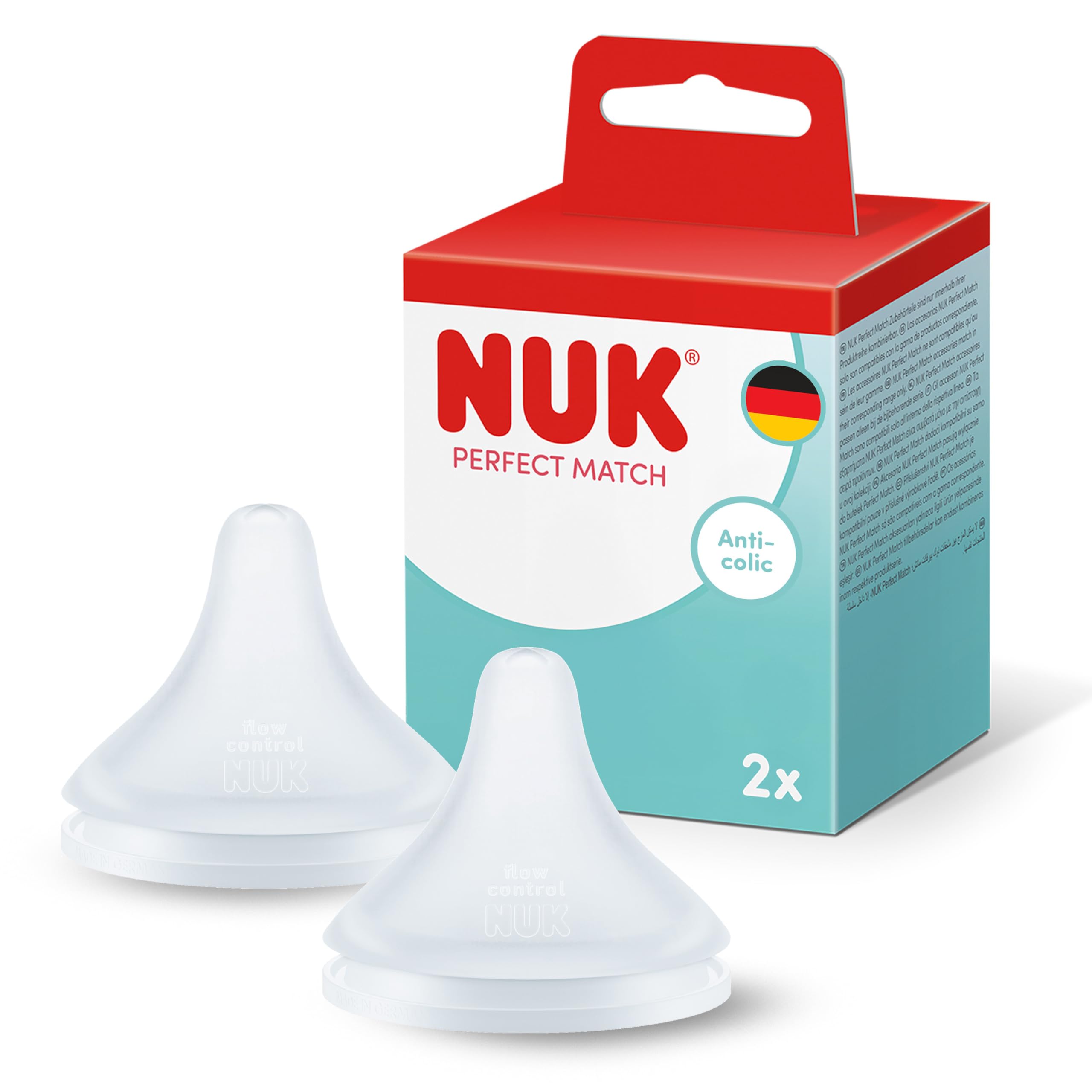 NUK Perfect Match Baby Bottle Teats | 6+ Months | Anti Colic Feeding Bottle Teats | Silicone | Flow Control | 2 Count