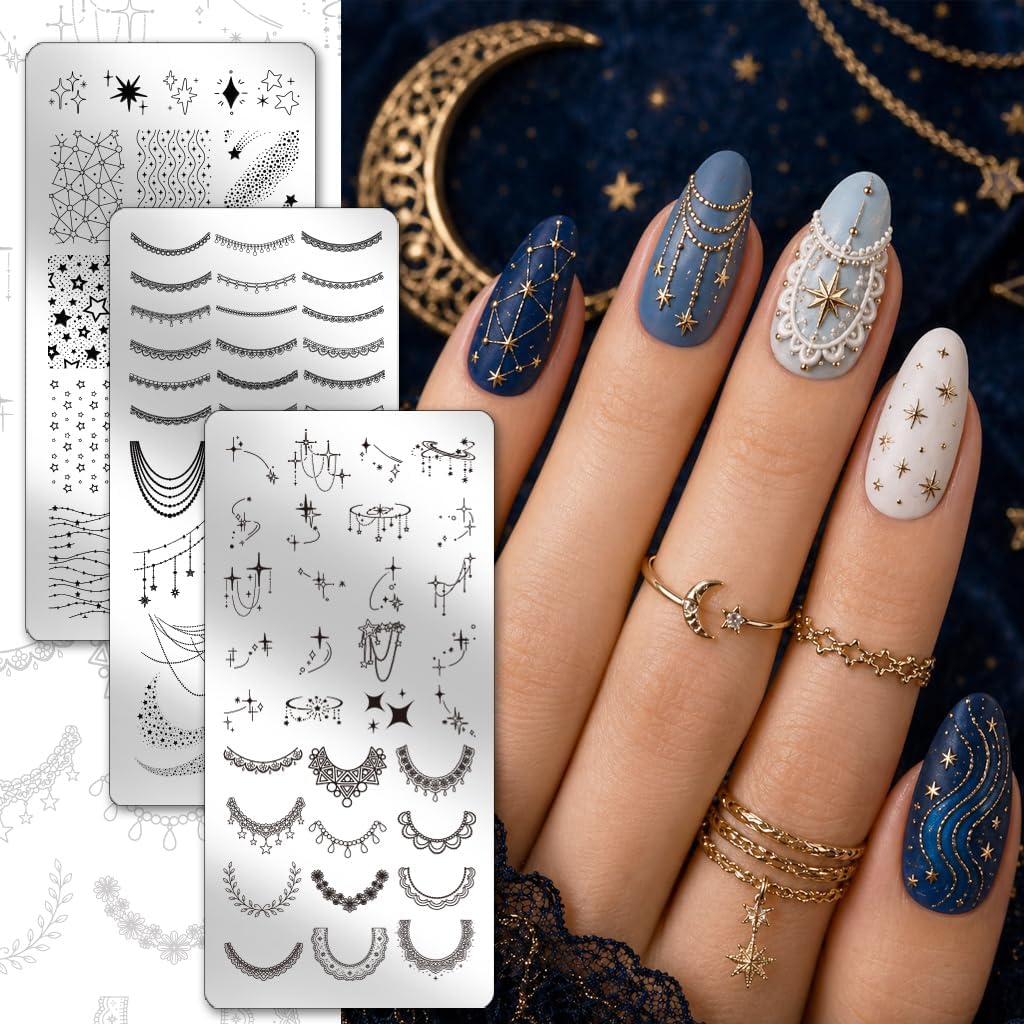 PH PandaHall 3pcs Shooting Star Nail Stamping Plates Star Chain Nails Art Stencils Tassel Trim Nail Art Templates Beaded Lace Trim Nails Image Plates for Women Home DIY Manicures Salon Design