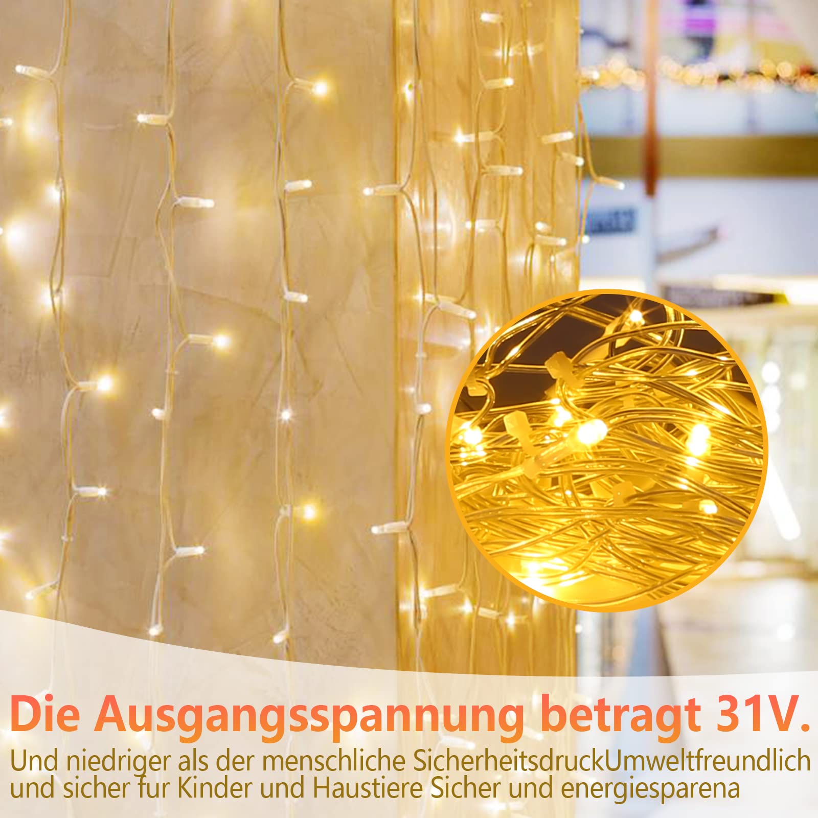 EisRegen łańcuch świetlny na zewnątrz, 400 diod LED, 10 m, oświetlenie bożonarodzeniowe na zewnątrz z 8 trybami oświetlenia, IP44, łańcuch świetlny zasilany prądem, do dekoracji wnętrz, na