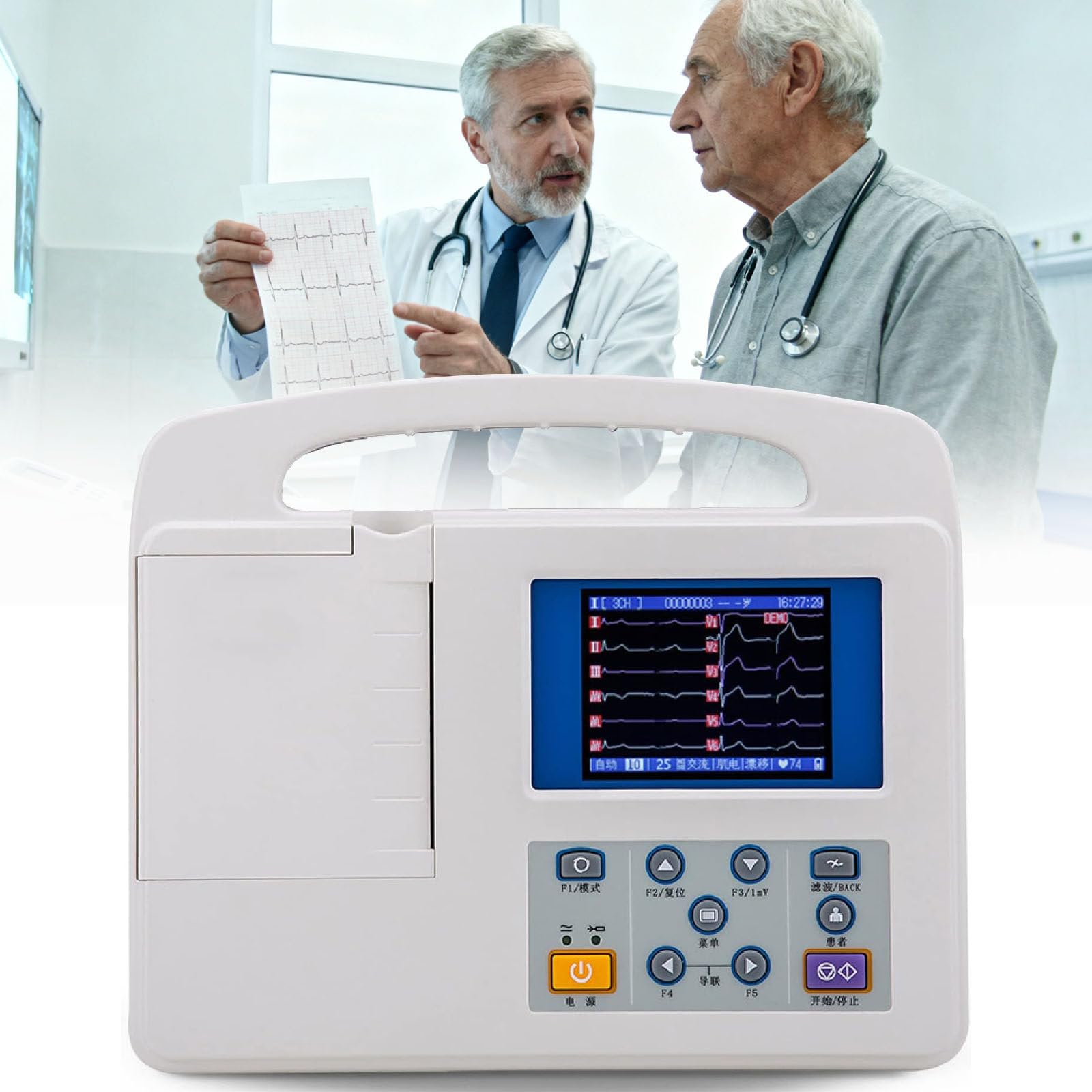 Monitor elettrocardiografico Digitale, Monitor ECG/EKG Portatile, Monitor dei segni Vitali a 3 canali e 12 derivazioni, Schermo LCD da 3,5 Pollici, con Carta per Stampa elettrocardiografica