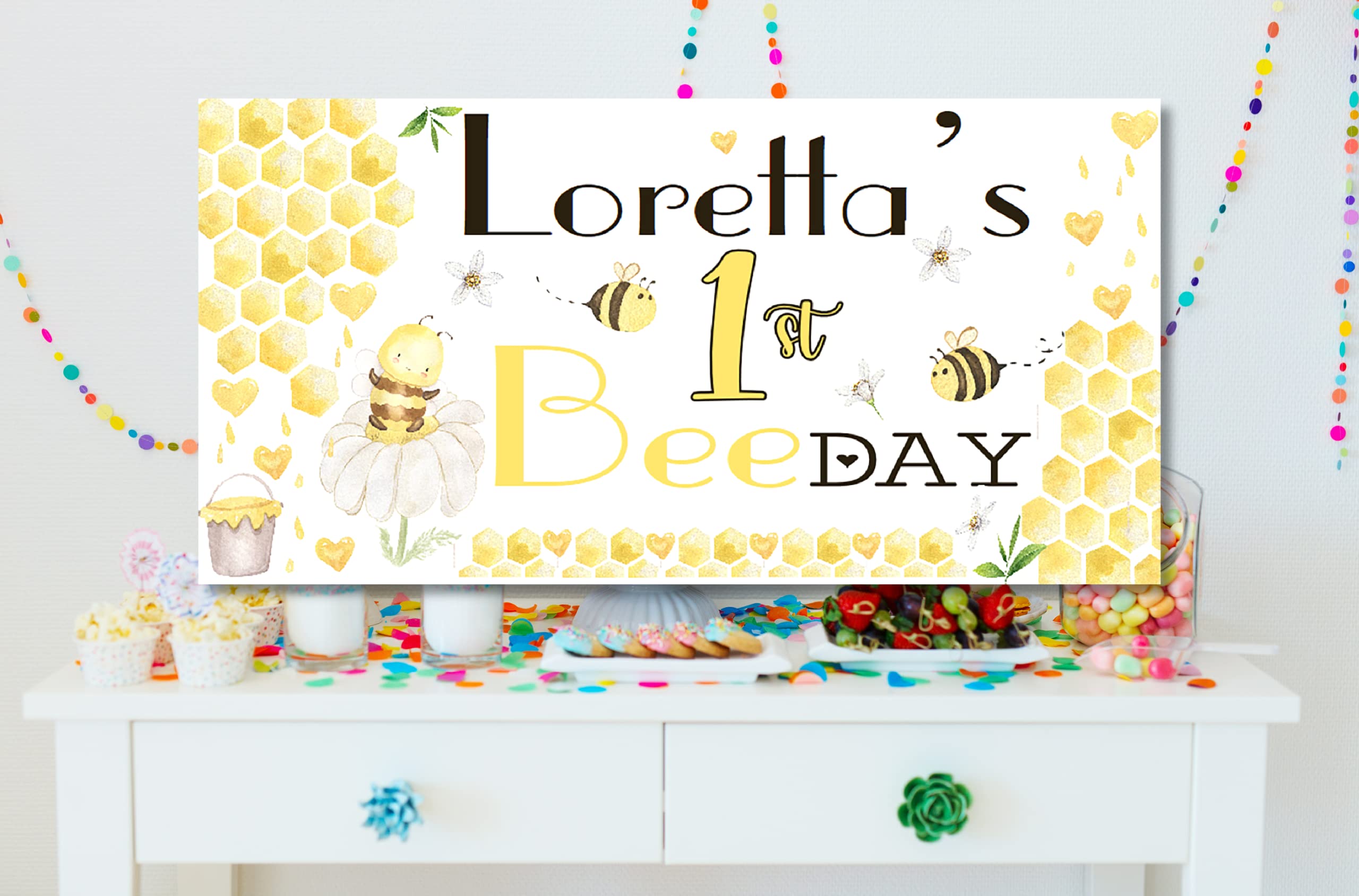 Large Personalised 1st Birthday Backdrop First Birthday Banner for Boys Girls Customised with Name Age Photo Party Decorations Blue Pink 2nd Outdoor (Bee-day, 4x2ft - Indoor Banner Paper)