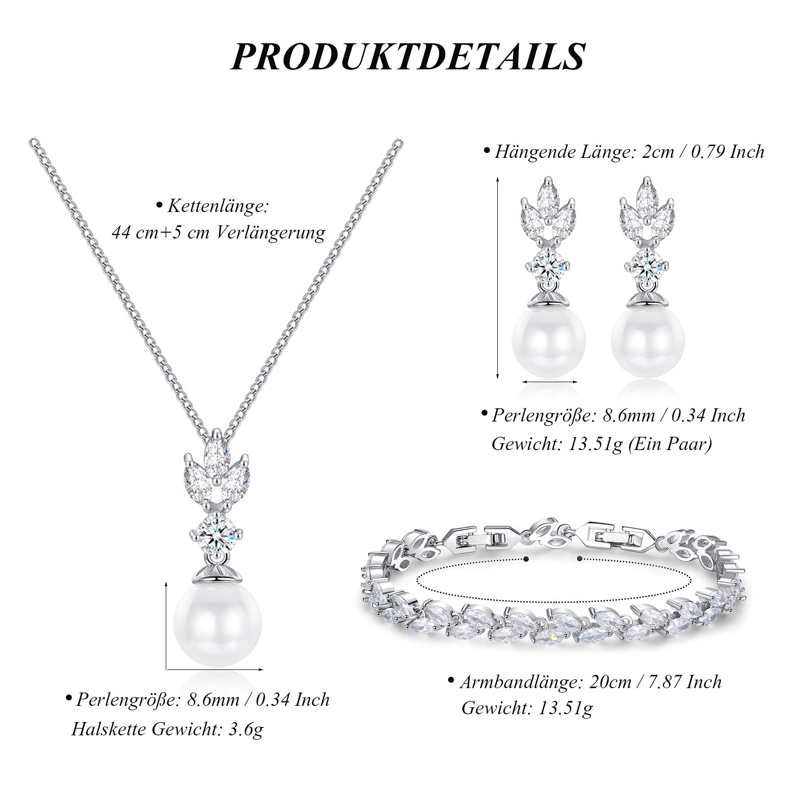 Parure di gioielli in argento 925 da donna, per matrimonio, composta di perle, orecchini, collana e bracciale, set di gioielli da sposa con zirconi scintillanti 5A in argento 925, ottimo regalo per sposa o damigella d'onore