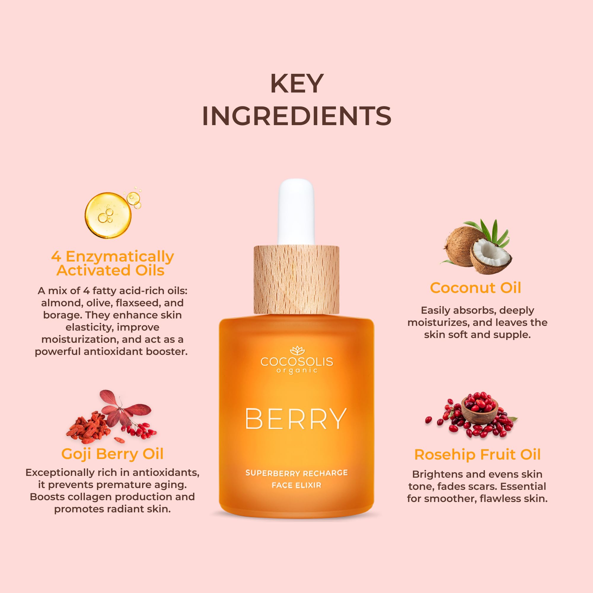 COCOSOLIS Berry Superberry Recharge Face Elixir, eliksir do twarzy z olejkami organicznymi, wegańska odżywcza pielęgnacja na dzień z witaminą E i olejkami aktywowanymi enzymami