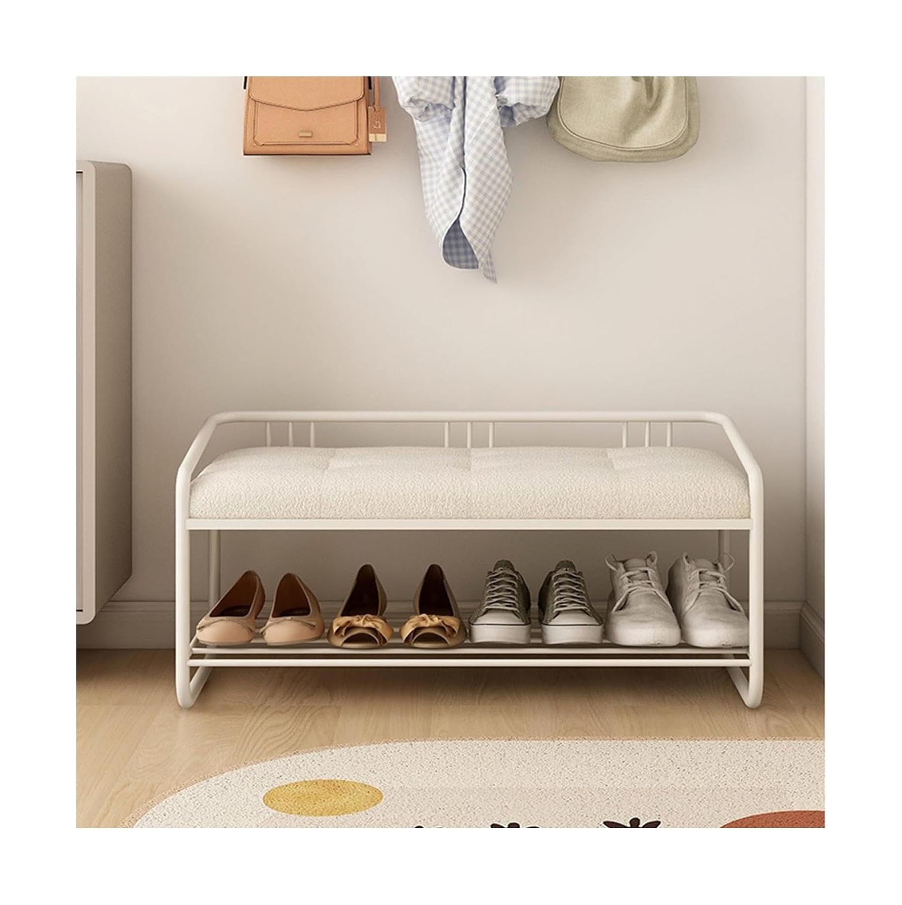 Banc ottoman Sherpa blanc moderne avec rangement à chaussures en métal noir