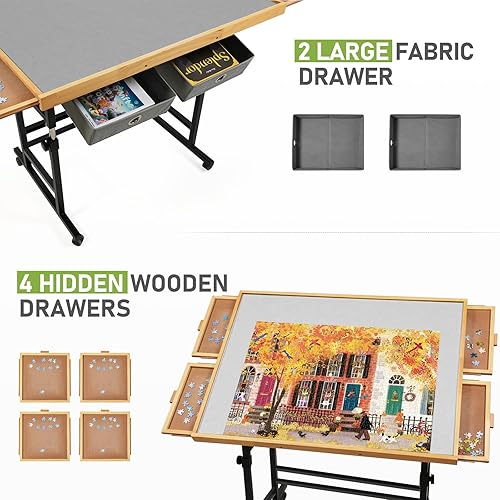 Miniatura 4 de Mesa de rompecabezas de 1500 piezas con ruedas, con cajones y cubierta, 34.25 x 25.2 pulgadas, altura ajustable e inclinación de 45, tablero de