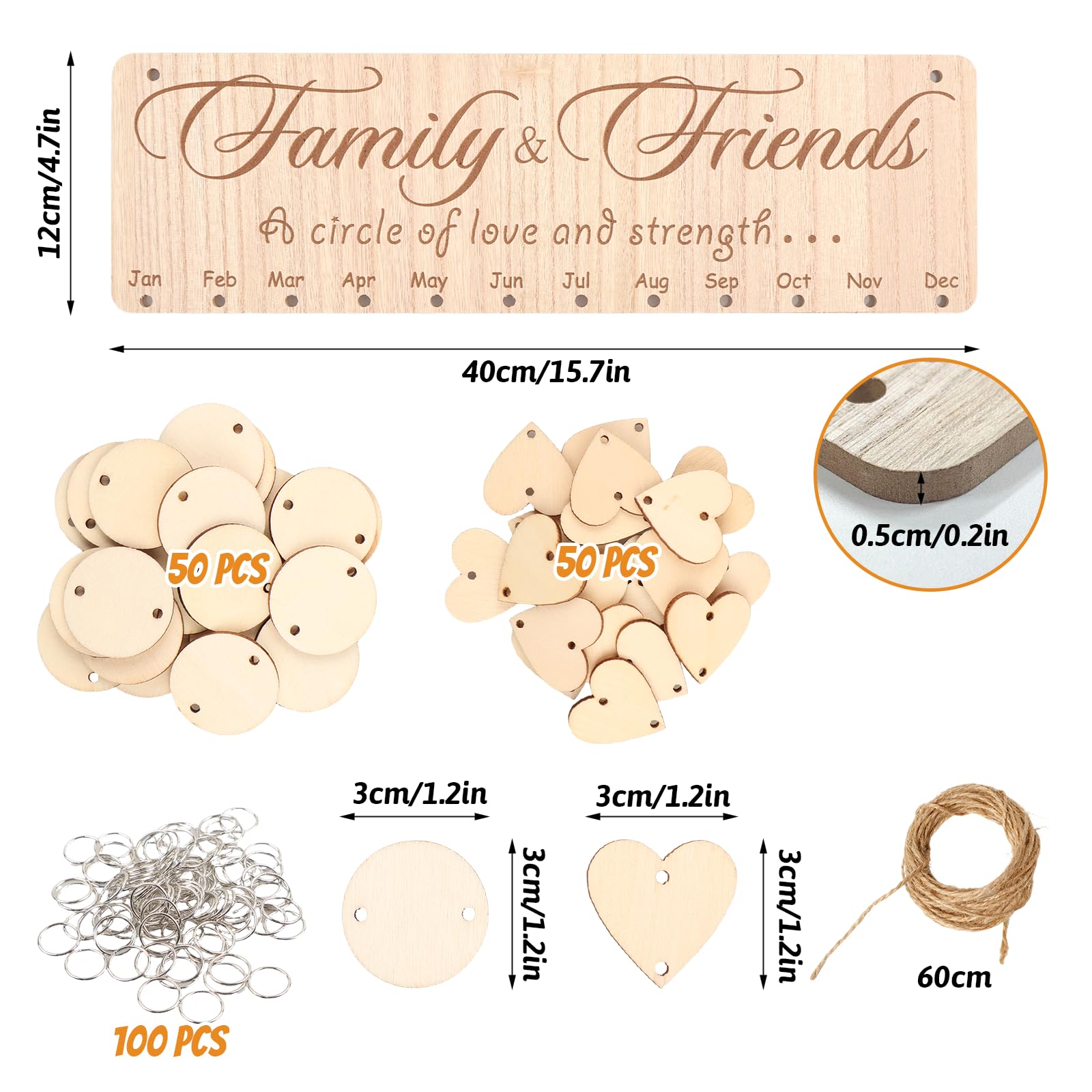Tableau d'anniversaire familial avec 100 étiquettes en bois | calendrier mural en bois à suspendre pour rappeler les anniversaires, excellent cadeau pour Noël ou un anniversaire