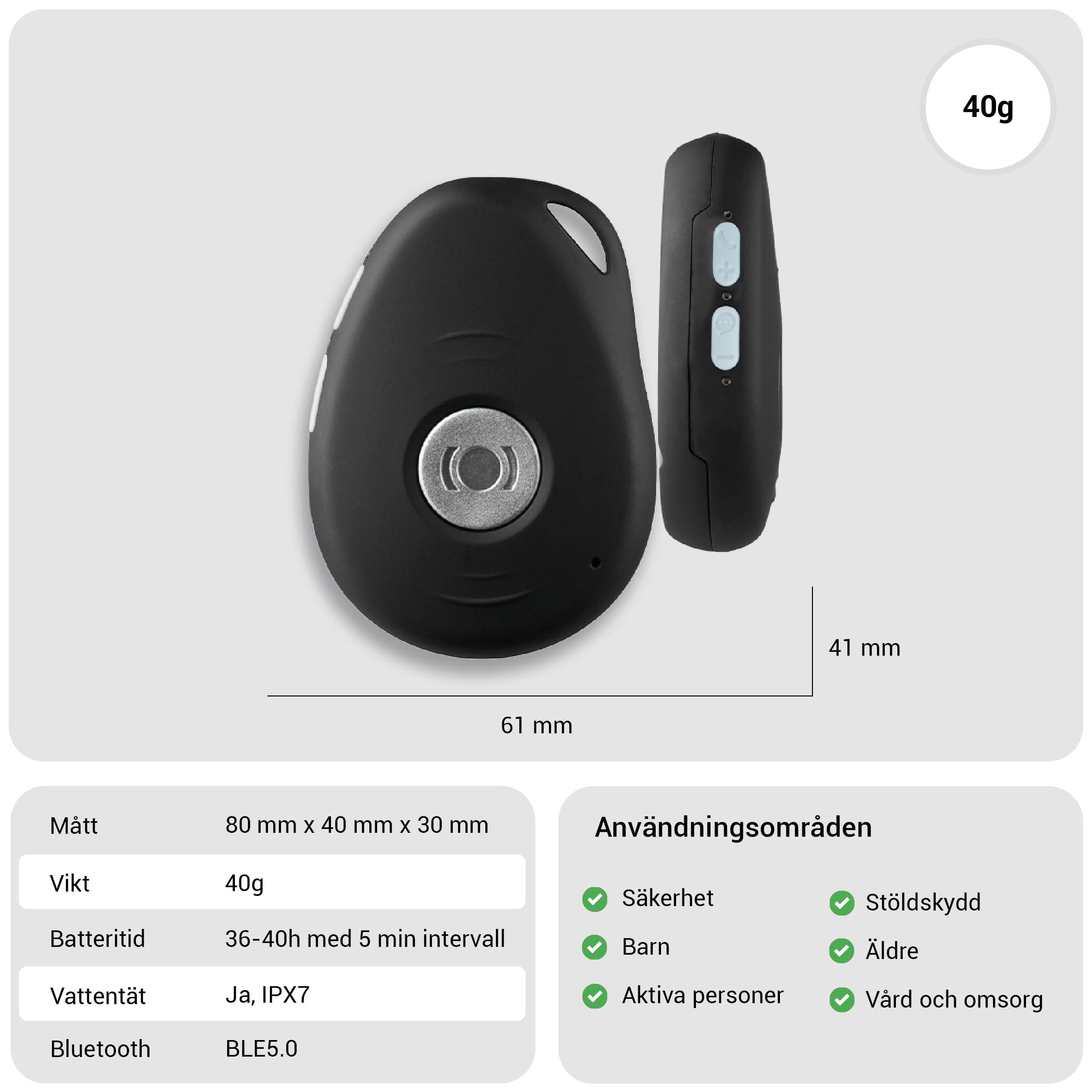 MiniFinder Pico - Pequeño rastreador GPS - Alarma de seguridad personal - Diseño sueco - Rastreador GPS inteligente con alarma - Uso multifuncional