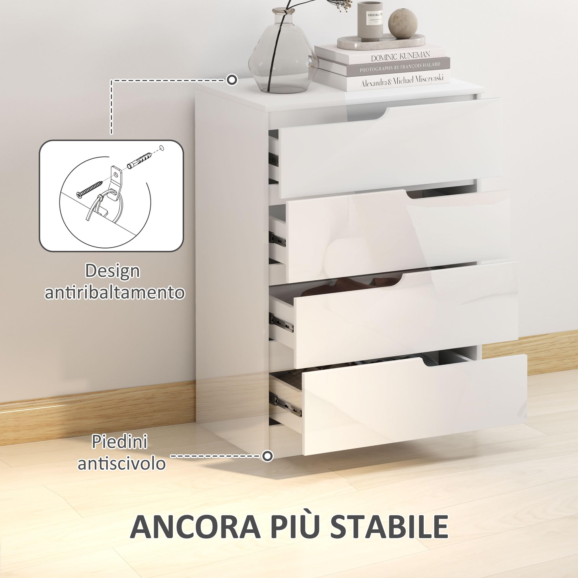 HOMCOM Cassettiera Camera da Letto con 4 Cassetti, Comò Camera da Letto in Legno, per Soggiorno Corridoio Ingresso, 60x40x85 cm, Bianco Lucido